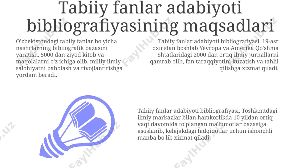 liografiyasi 100 dan ortiq ilmiy jurnallarni, 50 dan ziyod monografiyalarni va o'zbekiston, rossiya va aqshdagi 2000 dan ortiq ilmiy ishlarni qamrab olish maqsadini qo'yadi. ushbu bibliografiya, tabiatshunoslik sohasida 19-asr oxiridan 21-asr boshlarigacha bo'lgan davrni o'z ichiga olgan holda, kamida 3 turdagi manbalarni - kitoblar, maqolalar va tezislardan iborat to'liq ma'lumotlar bazasini yaratish vazifasini o'z oldiga qo'yadi. e'tiboringiz uchun rahmat @taqdimot_robot image1.jpeg image2.jpeg image3.jpeg