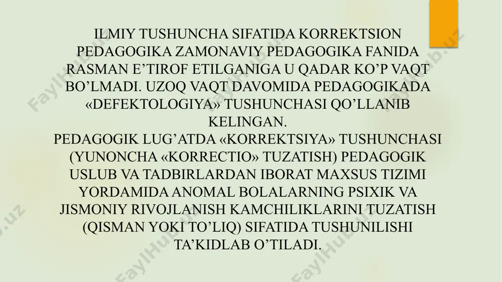 oki rivojlanmagan funktsiyalarining o’rnini to’ldirish yoki qayta qurishdir. kompensatsiya jarayoni oliy nerv faoliyatining zahira imkoniyatlariga tayanadi. anomal bolaning rivojlanishi normal boladan ko’ra ko’proq darajada o’qitishga bog’liq. shuning uchun anomal bolalar o’qitilmasa yoki o’qitish kech boshlansa uning rivojlanishiga jiddiy zarar etkaziladi. psixik funktsiyalarning shakllanishi ortda qoladi, normal tengdoshlaridan ortda qolishi darajasi oshadi, nuqsonlar o’ta jiddiy bo’lsa aqliy rivojlanishi imkoniyatlari yuzaga chiqmay qolishi mumkin. ijtimoiy reabilitatsiva (yunoncha «rehabilitas» — layoqati, qobiliyatini tiklash) tibbiy-pedagogik mazmunida anomal bolaning psixofiziologik imkoniyatlari darajasida ijtimoiy muhitda ishtirok etishi uchun sharoit yaratish, uni ijtimoiy hayoti va mehnatiga jalb etishni anglatadi. bu korrektsion pedagogika nazariyasi va amaliyotida asosiy vazifa hisoblanadi. reabilitatsiya nuqsonlarini yo’qotish va yumshatishga yo’naltirilgan maxsus tibbiy vositalar hamda maxsus ta’lim, tarbiya va kasbiy tayyorlash yordamida amalga oshiriladi. rcabilitatsiya jarayonida kasallik oqibalida buzilgan funktsiyalarning o’rni to’ldiriladi. reabilitatsiya vazifalari anomal bolalarning turli kategoriyalari uchun maxsus o’quv muassasalari tizirnida hal etilib, unda o’quv jarayonini tashkil etish xususiyatlari bolalarning anomal rivojlanishi …