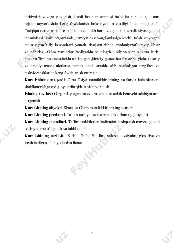 ng asarlari. kurs ishining predmeti. ta’lim-tarbiya haqida mutafakkirlarning g‘oyalari. kurs ishining metodlari. ta’lim tashkilotlar faoliyatini boshqarish mavzusiga oid adabiyotlarni o‘rganish va tahlil qilish. kurs ishining tuzilishi. kirish, 2bob, 5bo‘lim, xulosa, tavsiyalar, glosariya va foydalanilgan adabiyotlardan iborat. i bob.. sharq mutafakkirlarining ta’lim-tarbiyaga oid ma’naviy va axloqiy qarashlari. 1.1 sharq mutafakkirlarining oila xususida qarashlari. sharqda oila va oilaviy munosabatlar masalasiga qadimdan jiddiy ahamiyat berilgan. jumladan abu nasr farobiy, abu rayxon beruniy, abu ali ibn sino, yusuf xos xojib, kaykovus, alisher navoiy kabi allomalar bu masala yuzasidan o‘zlarining durdona fikrlarini tarixda qoldirib ketganlarki, ular hozirgacha o‘z ahamiyatini yo‘qotmagan. oilaviy munosabatlarga oid qarashlar tizimida sharq mutaffakkirlaridan biri abu ali ibn sinoning qarashlari ahamiyatlidir. /980-1037/. ibn sinoning pedagogik va psixologik qarashlari ijtimoiy asosda qurilgan bo‘lib, u bola tarbiyasida umuminsoniy tamoyilning qo‘llanilishini yoqlab chiqqan va tarbiyachi ota-onalarga bolani qattiq tana jazosidan ko‘ra, shaxsiy ibrat orqali tarbiyalash ma`qulligini uqtirgan. uning «tadbiri manzil», "uy xo‘jaligi" kabi qator asarlarida …
