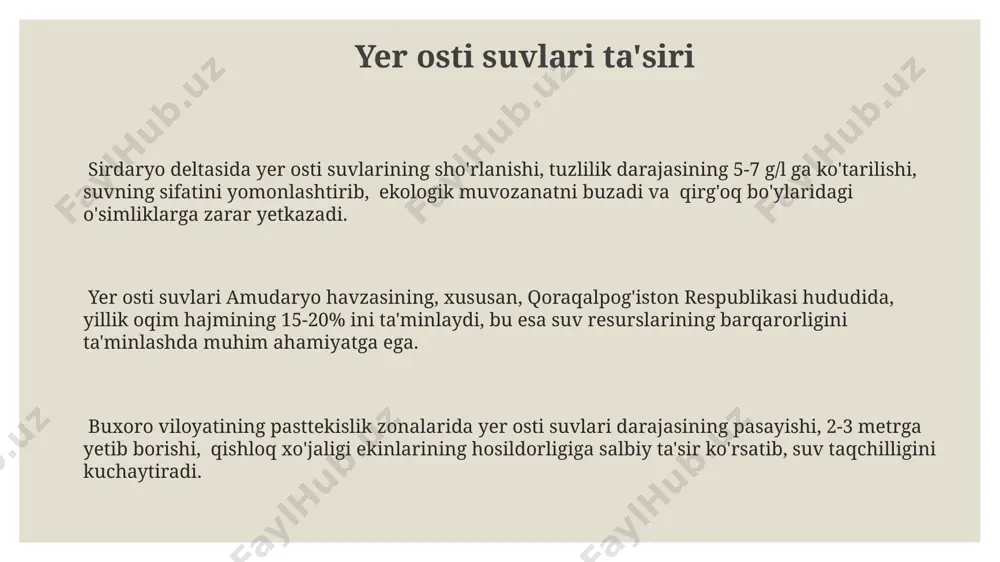рсатади. зарафшон дарёсининг навоий вилоятидаги сув сарфи йил давомида 100 м³/с дан 500 м³/с гача ўзгариб туради, бу эса сув сатҳининг 1 метргача ўзгаришига ва ер ости сувларининг сатҳига таъсир кўрсатади. daryo oqim rejimlarining turlari zarafshon daryosining oqim rejimi qishloq xo'jaligi ehtiyojlari uchun suv olish hisobiga sezilarli darajada o'zgaradi, o'rtacha yillik oqim 150-200 m³/sekundni tashkil etadi. sirdaryo daryosining oqim rejimi asosan tog'lardan keladigan suvga bog'liq bo'lib, yillik o'rtacha oqim miqdori 700 m³/sekund atrofida bo'ladi, yoz oylarida esa kamayadi. amudaryo havzasida, bahor oylarida (mart-aprel) qor va muzning erishi tufayli suv oqimi 3-4 barobar ortadi, bu esa suv toshqinlariga olib kelishi mumkin. daryo oqimining mavsumiy o'zgarishi sirdaryo daryosining yozgi oqimi (iyun-avgust) asosan tog'lardan keladigan yomg'ir suvlari hisobiga 15-20% ga kamayadi, bu farg'ona vodiysidagi sug'orish tizimlariga ta'sir qiladi. amudaryo daryosida bahor oylarida (mart-may) oqim miqdori 2-3 barobar ortadi, bu qor va muzning erishi bilan bog'liq bo'lib, surxondaryo viloyatida suv toshqinlariga olib kelishi mumkin. …