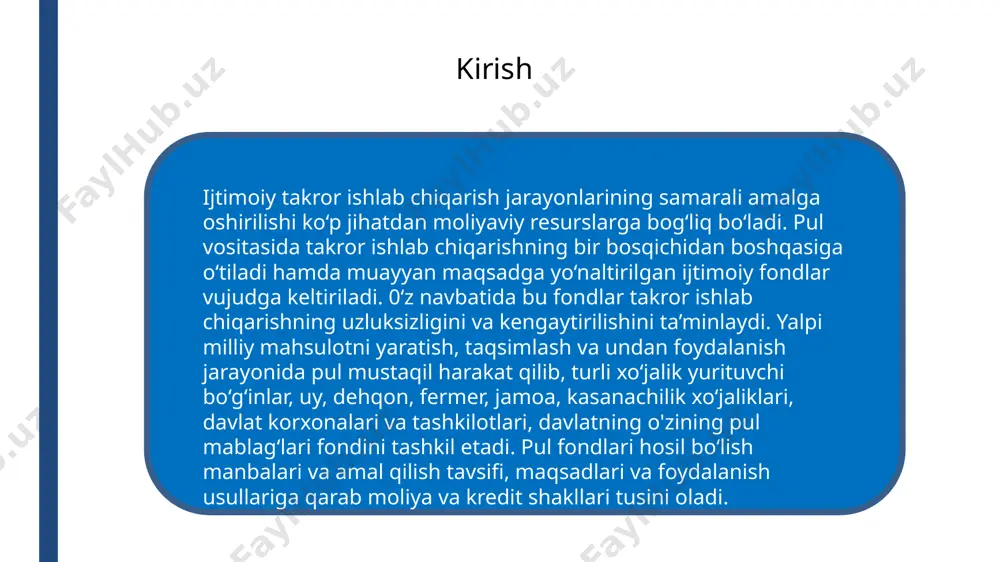 ib, ularga barcha tashkilotlar, korxonalar, yuridik va jismoniy shaxslar, fuqarolar kiradi. moliyaviy munosabatlaming asosiylari sifatida quyidagi munosabatlarni ko‘rsatish mumkin: -davlatlararo moliyaviy munosabatlar; - davlat va turli xalqaro tashkilotlar, xorijiy firma va korxonalar o‘rtasidagi moliyaviy munosabatlar; - boshqaruvning turli darajalaridagi davlat organlari o‘rtasidagi moliyaviy munosabatlar; - davlat va korxonalar o‘rtasidagi moliyaviy munosabatlar; - davlat va jamoat tashkilotlari o‘rtasidagi moliyaviy munosabatlar; - davlat va aholi o‘rtasidagi moliyaviy munosabatlar; ~ korxonalararo moliyaviy munosabatlar korxonalar va banklar о‘rtasidagi moliyaviy munosabatlar - korxona ichidagi xo‘jalik aloqalariga xizmat qiluvchi moliyaviy munosabatlar va boshqalar. moliya iqtisodiyot doirasida o‘zaro bog‘liq bo‘lgan quyidagi vazifalarni bajaradi: 1 3 2 4 iqtisodiy jarayonlarni, loyihalar va tadbirlami pul resurslari bilan ta’minlash va unga xizmat ko‘rsatish vazifasi; rag‘batlantirish vazifasi; taqsimlash vazifasi; nazorat qilish vazifasi. moliyaviy munosabatlar va ularga xizmat qiluvchi maxsus muassasalar jamiyatning moliya tizimini tashkil qiladi. bu tizim davlat va boshqa turli darajadagi byudjetlami, ijtimoiy, mol-mulk va shaxsiy sug‘urta fondlarini, davlatning valyuta …