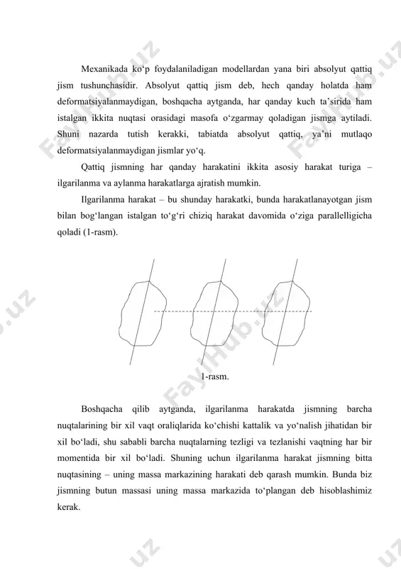 smning har bir ayrim qismiga ta’sir etuvchi og‘irlik kuchlarining teng ta’sir etuvchisi qo‘yilgan nuqta og‘irlik markazi bo‘ladi. binobarin, og‘irlik kuchi qo‘yilgan nuqta jismning og‘irlik markazi deyiladi. 2-rasmda bir jinsli (ya’ni butun uzunligi bo‘yicha ko‘ndalang kesimi bir xil bo‘lgan va bir xil moddadan yasalgan) metall tayoqchaning ayrim qismlarida ta’sir etuvchi parallel kuchlar va ularning teng ta’sir etuvchisi bo‘lgan og‘irlik kuchi qo‘yilgan nuqta (og‘irlik markazi) ko‘rsatilgan. agar jism bir jinslimas (yoki simmetriya markaziga ega bo‘lmasa) va yassi bo‘lsa, uning og‘irlik markazini tajriba yo‘li bilan aniqlash mumkin. buning uchun jismning ikki nuqtasidan navbatma-navbat osiladi va bu nuqtalardan vertikallar o‘tkaziladi (2 b-rasm). vertikallarning kesishish nuqtasi yassi jismning og‘irlik markazi bo‘ladi. a) b) 2-rasm. osish usulidan foydalanib, istalgan shakldagi yassi jismning og‘irlik markazini amaliy ravishda topish mumkin. 3-a)-rasmda ixtiyoriy shakldagi jismning og‘irlik markazi va osish nuqtalaridan o‘tkazilgan vertikal chiziqlar kesishgan nuqtasida yotishi tasvirlangan. a) b) 3-rasm. aylanma harakat vaqtida jismning barcha nuqtalari markazlari aylanish o‘qi …