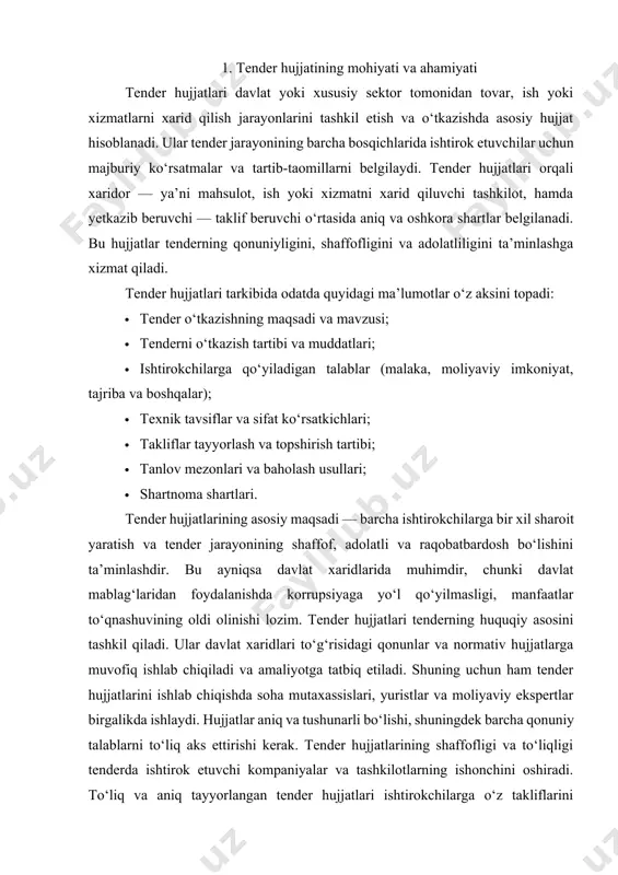 alohida ahamiyatga ega. shuningdek, hujjatlar asosida shartnoma shartlari belgilangan bo‘ladi, bu esa kelajakda tomonlar o‘rtasidagi munosabatlarni tartibga soladi. tender hujjatlarining yuridik jihatdan mustahkamligi tenderda yuzaga kelishi mumkin bo‘lgan nizolarni oldini olishda muhim omildir. hujjatlarda har bir jarayon bosqichi va shartlari batafsil bayon qilinadi, bu esa ishtirokchilar va xaridor o‘rtasida yuzaga keladigan tushunmovchiliklar va bahs-munozaralarni kamaytiradi. tender hujjatlari — bu tender jarayonining muvaffaqiyatli o‘tishini ta’minlovchi, ishtirokchilar uchun aniq, adolatli va teng sharoit yaratadigan, shuningdek davlat va xususiy sektor xaridlarining qonuniyligini va shaffofligini kafolatlovchi muhim hujjatlar majmuasidir. 2. tender hujjatlarini ishlab chiqish tartibi tender jarayonining muvaffaqiyatli va qonuniy o‘tishi uchun eng muhim bosqichlardan biri bu tender hujjatlarini to‘g‘ri va to‘liq ishlab chiqishdir. tender hujjatlari — tenderni tashkil etish va o‘tkazish tartib-taomillari, shartlari hamda xarid qilinayotgan tovar, ish yoki xizmatlarning texnik, moliyaviy va boshqa xususiyatlarini aks ettiruvchi rasmiy hujjatlar majmuasidir. ular tender jarayonining asosiy me’yoriy-huquqiy va tashkiliy asosini tashkil qiladi. tender hujjatlarini ishlab …