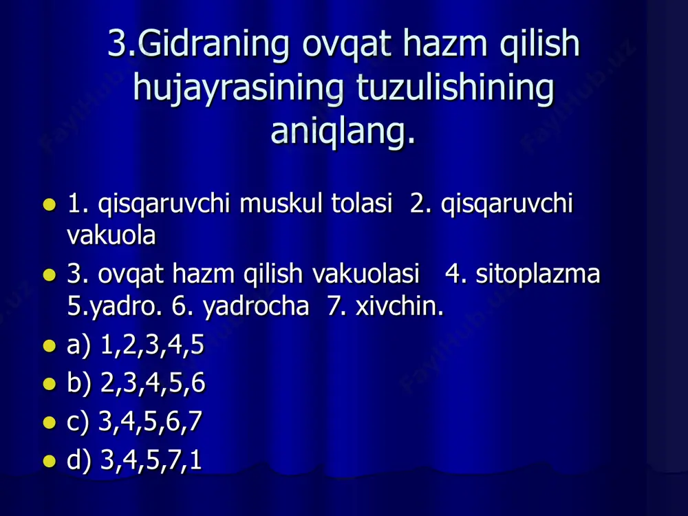 necha qavat hujayralardandan tashkil topgan?  a) 2  b) 1  c) 3  d) 4 37.odam uchun xavfli bo’lgan kovakichli hayvonlar berilgan qatorni aniqlang?  a) aureliya,aktiniya  b) karall polip,aktiniya  c) qutb va ildizog’iz meduza  d) qutb va aureliya meduzasi 38.bo’shliqichlilar qaysi qadimgi koloniya bo’lib yashagan hayvonlardan kelib chiqqan?  a) amyobasimonlar  b) infuzoriyalar  c) xivchinlilar  d) nurlilardan 39.yakka va o’troq yashovchi,urug’langan tuxumidan lichinkalar hosil bo’ladigan poliplarni aniqlang.  a) korall poliplar  b) korall riflari  c) meduzalar  d) aktiniyalar 40.gidra tanasidagi qaysi hujayra ichida naysimon ingichka tola joylashgan?  a) teri-muskul  b) hazm qilish  c) otuvchi  d) tuxum 41.quydagi belgilari qaysi hayvon uchun xos?  1. yakka va o’troq holda yashaydi  2. paslagichlari og’iz atrofida bir necha qator bo’lib joylashgan 3. jinssiz va jinsiy yo’l bilan ko’payadi.  a) gidra  b) korall poliplar  …