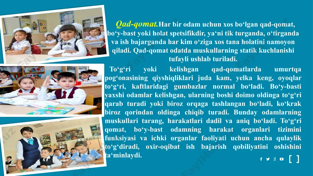 hi 6-7 yoshda yuz beradi va uning shakllanishida gavda muskullarining rivojlanishi katta ahamiyatga ega bo‘ladi. bu muskullarning kuchlanishi, qomatni shakllantiradi va o‘sha holatda ushlab turadi, ularning kamayishi esa uning buzilishiga olib keladi. bolalarda gavda muskullari hali zaif rivojlanganligi sababli, ularning qomati chidamsiz bo‘ladi. qad-qomatning noto‘g‘ri shakllanishi bir necha xil bo‘ladi: cho‘zilgan, egilgan, kifotik, lordotik va skolitik qad-qomat. egilgan qad-qomatli odamlar tik turganda, boshi bir oz oldinga egilgan, yelkalari oldinga osilgan, ko‘krak qafasi botiqroq, qorin oldinga chiqqan bo‘ladi. bunday holat skelet muskullari ayniqsa, gavdaning orqa qismidagi muskullar yaxshi rivojlanmaganligi va kuchsiz bo‘lishi tufayli yuzaga keladi. kifotik qad-qomatli odamlarda kuraklar qanotga o‘xshab ko‘tarilib, orqa yelka qismi do‘mbayib, bukir holat yuzaga keladi. lordotik qad qomatli odamlar gavdasining orqa qismi tekis yoki bir oz botiqroq, ko‘krak qafasi yassi, qorni oldinga chiqqan bo‘ladi. bunday holat umurtqa pog‘onasining bel qismi me‘yordan ko‘proq oldinga bukilishi, bo‘yin qismida esa oldinga kamroq bukilishi, hamda qorin devori muskullarining kuchsiz rivojlanganligi …