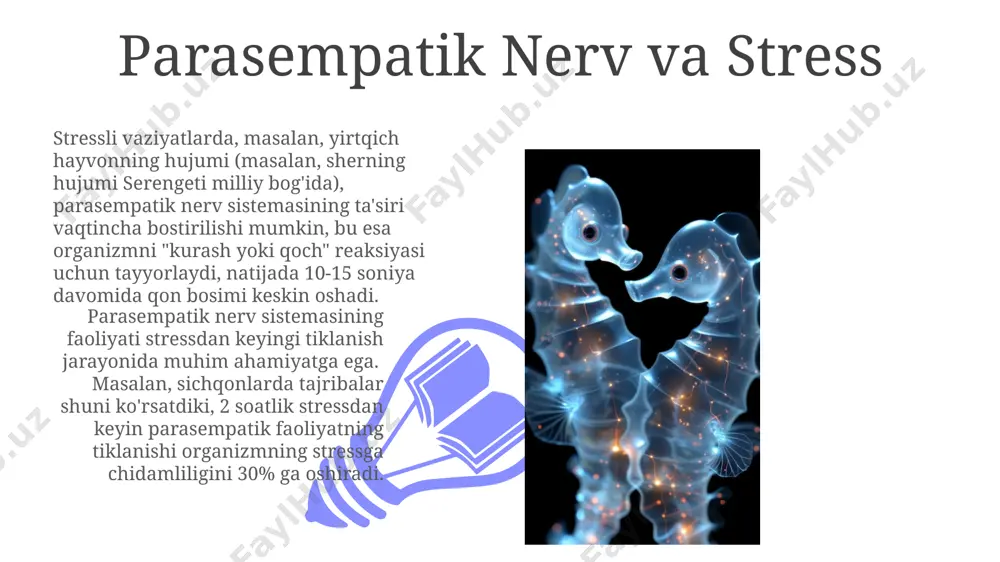 asi, maymunlarda sperma ishlab chiqarishni 12% ga kamaytiradi. parasempatik nerv sistemasi: ta'rifi parasempatik innervatsiya, masalan, qorin bo'shlig'idagi organlarga (ichaklar, oshqozon) 5-10 mm uzunlikdagi nerv tolalari orqali ta'sir qilib, ovqat hazm qilish jarayonini tezlashtiradi va metabolizmni tartibga soladi. parasempatik nerv sistemasining asosiy neyrotransmitteri asetilxolin bo'lib, u miyada, shu jumladan gipotalamusda, 200 dan ortiq turdagi reseptorlar bilan bog'lanadi va tana faoliyatini tinchlantiradi. siydik chiqarish sistemaga ta'siri parasempatik nerv sistemasining faoliyati natijasida siydik pufagining devoridagi silliq mushaklarning tonusi pasayadi, bu esa siydikni 15-20 ml gacha to'play olish imkonini beradi va buyraklarning siydik ajratish funksiyasini tartibga soladi. hayvonlarda o'tkazilgan tajribalarda parasempatik nerv sistemasining stimulyatsiyasi natijasida siydik pufagining bo'shalish vaqti 10-15 sekundga qisqarishi aniqlangan. bu esa, masalan, itlarda siydik chiqarish jarayonining samaradorligini oshiradi. nafas olish sistemaga ta'siri avtonom nerv sistemasining parasimpatik qismi nafas olish tezligini 12-16 nafas/daqiqaga qadar pasaytiradi, bu esa organizmning tinch holatiga oʻtishini taʼminlaydi, masalan, uyqu paytida. parasimpatik innervatsiya bronxlarning torayishiga olib keladi, …