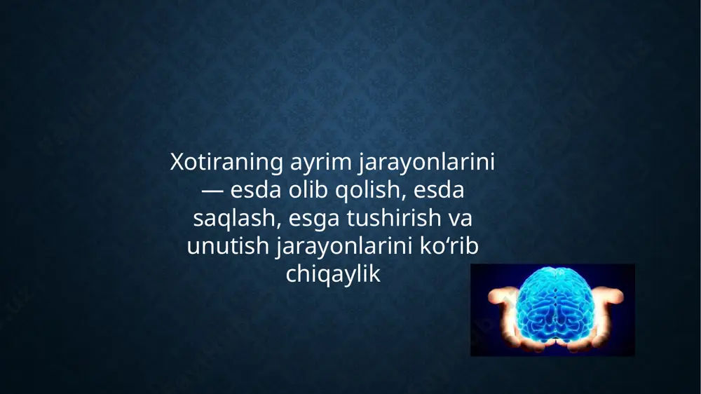 ytib turgan kishining o‘zini ham idrok qilish o'rtasida yondoshlik assotsiatsiya hosil bo‘ladi. bunday assotsiatsiyaning bizda hosil bo‘lganligi shundan bilinadiki, ana shu ashulani takror eshitganimizda yoki uni esimizga tushirganimizda, ashulani aytgan odamning obrazi ham darrov ko‘z oldimizga keladi, ashulani aytgan odamni tasawur qilganimizda yoki uni ko‘rganimizda, ashulaning kuyi ham esimizga tushadi. bunda musiqa kuyi bilan ashula aytgan kishining qiyofasi (obrazi) o‘rtasida shartli bir vaqtli bog‘lanish paydo bo‘ladi. shuningdek, kishining qiyofasi (obrazi) uning ismi, familiyasi, turgan joyi, ishlayotgan joyi (biz uni awal shu yerlarda ko‘rgan bo‘lsak) o‘rtasida shu xil assotsiatsiya (bog'lanish) hosil bo‘ladi. yondoshlik assotsiatsiyasidan tashqari yana o‘xshashlik va qarama-qarshilik assotsiatsiyasi farqlanadi. ma’nosiga tushunib yoki mantiqan (logik) esda qoldirish ma’nosiga tushunib yoki mantiqan (logik) esda olib qolish jarayonida asosiy o‘rinda fikrlash jarayonlari turadi. esda qoldirilayotgan materialning ayrim qismlari va elementlari o‘rtasidagi ma’no va logik (mantiqiy) bog‘lanishlami fikr yuritish yoii bilan ochiladi. ma’no bog‘lanishlarni ochish bironta narsaning obrazini oddiy esda olib qolish emas, …