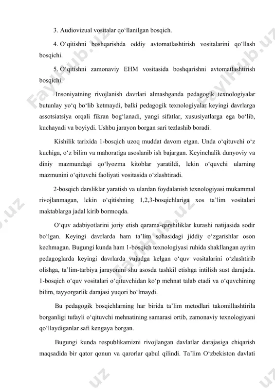 lim o‘zbekiston davlati siyosatining ustuvor sohasiga aylandi. kadrlar tayyorlash milliy dasturida rivojlangan mamlakatlar darajasida raqobatbardosh, yuksak ma’naviy-axloqiy fazilatlarni egallagan, yuqori malakali kadrlar tayyorlash maqsadi kun tartibiga qo‘yildi. auditoriyalarga kirib o‘quv jarayonini kuzatgan kishi mavjud pedagogik tizim birinchi va ikkinchi bosqichlarga xos ekanligiga ishonch hosil qiladi. pedagogik texnologiyaning asosiy elementlari quyidagilardan iborat: 1. pedagogik muloqot texnologiyasida o‘qituvchi (pedagog)ning o‘quvchi-talabalar bilan muloqoti. muloqotning vazifalari: - shaxsni tanish, axborot almashish; - kelgusi pedagogik muloqotni modellashtirish va tahlil etish; - muloqotdan olgan tasavvurlari; - muloqot yuzasidan fikrlashi; - pedagogik muloqotni tashkil etish texnikasi; - ishga ijodiy yondashishi. 2. pedagogik talab texnologiyasi. - «pedagogik talab» tushunchasi, uning o‘ziga xos xususiyatlari; - xulq-atvor va ijtimoiy madaniy qoidalarning namoyon bo‘lishi; - o‘quvchi-talabaga bo‘lgan hurmat va talab; - pedagogik talabning psixologik tamoyillari va mezonlari. 3. baholash texnologiyasi, pedagogik baho va belgilash. - xatti-harakatlardan olgan taassurot, voqelikni, obyekt va subyektni qabul qilish; - baho berish usullarini tanlash o‘qituvchi (pedagog) …