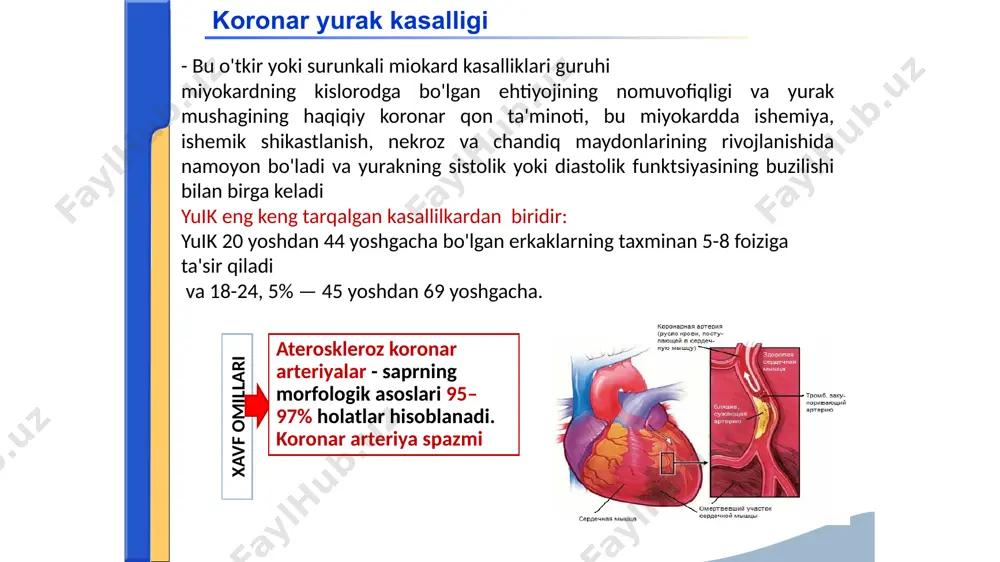3. spontan (vazospastik, variant, prinzmetal) stenokardiya. 3. miyokard infarkti. 3.1. q tishchali miokard infarkti ( o’chog’i katta , transmural). 3.2. q tishsiz miokard infarkti (o’chog’i kichik ). 4. miyokardning og'riqsiz ishemiyasi. 5. mikrovaskulyar stenokardiya (x sindromi, klinika mavjud, katta ka ning shikastlanishi yo'q). 6. infarktdan keyingi kardioskleroz. 7. yurak etishmovchiligi (shakli va bosqichini ko'rsatgan holda). 8. yurak ritmi va o'tkazuvchanligining buzilishi (shakli ko'rsatilgan). stenokardiya stenokardiya , ko'p hollarda jismoniy zo'riqishdan keyin paydo bo'ladigan sternum orqasidagi og'riq hujumlari bilan tavsiflanadi. etiologik omillar: koronar arteriyalarning aterosklerozi koronar tomirlarning spazmi, aortal gipertenziya aorta klapan stenozi aorta qopqog'i etishmovchiligi gipertrofik kardiyomiyopatiya revmatik vaskulit periarterit tugunlari sifilitik aortit obliteratsiya qiluvchi endarterit birlamchi o'pka arterial gipertenziyasi koronar yurak kasalligi klassifikatsiyasi : stabil stenokardiya i -sezilarli jismoniy mashqlar bilan og'riq sindromining paydo bo'lishi ii -o'rtacha jismoniy mashqlar paytida og'riq sindromining paydo bo'lishi (tekis joyda 500 metrdan ko'proq yurish va boshqalar, zinapoyadan bir qavatdan ko'proq ko'tarilish va boshqalar). …