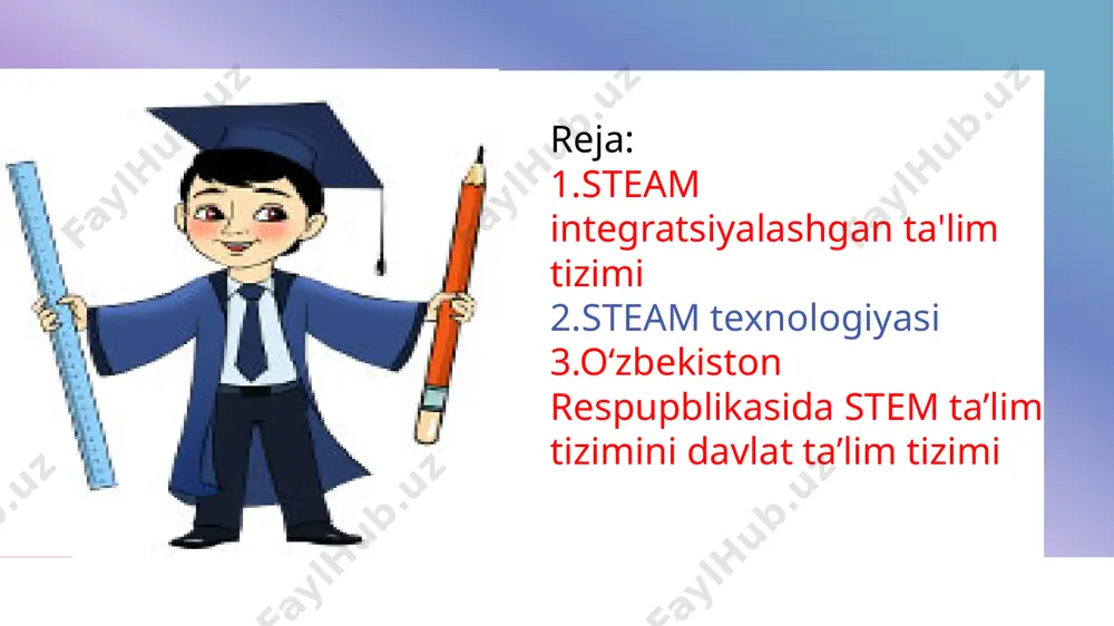 alablarga yetkazish, unga mosligini o’rganib borish maqsadida pisa (programme for international student assesment), timss (trends in mathematics and science study), steam kabi baholash dasurlarini keng qo’llash rejalashtirilmoqda. steam - hozirgi kunda dunyo ta�lim tizimining eng asosiy urf bo’lgan innovatsion metodlaridan biri hisoblanadi. bir qaraganda steam abbreviaturasi juda murakkab ko’rinadi, lekin uni alohida ko’radigan bo’lsak sodda va aniq ekanini ko’rishimiz mumkin, ya’ni: s – science, t – technology, e – engineering, a – art, m – mathematics, yoki tabiiy fanlar, texnologiya, muhandislik san’ati, ijod, matematika. oddiy so’z bilan aytganda, zamonaviy dunyoda eng ko’p talab etilayotgan fanlardir. hech kimga sir emaski, ko’plab fan tarmoqlarida katta yutuqlarga erishish uchun o’zlashtiriladigan turli sohalardagi bilimlarning integratsiyasi talab etiladi. lekin bunga o’quvchilarni qanday qilib tayyorlashimiz mumkin, chunki maktab dasrlari orasidagi bog’liqlikni ko’rish juda murakkabdir. aynan shunday muammolarni xal qilishda steam yordam beradi. bu metodika ta’limni aralash turda olib borish va egallangan nazariy bilimlarni kundalik hayotda qo’llay …