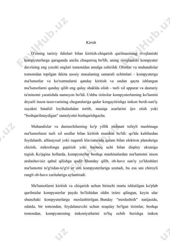 mashinkasi klaviaturasidan kiritildi, ammo ma'lumotlar maxsus printer orqali chiqarildi, bu esa bosib chiqarish tezligini sezilarli darajada oshirdi. shu bilan birga, bir necha kilometr qog'oz sarflandi. xix asr oxirida taklif qilingan allaqachon tanish bo'lgan qwerty klaviatura tartibi unchalik mukammal emas. uning joriy etilishi birinchi bosma mashinalarda hujjatlarni bosib chiqarish tezligini oshirishda tugmachalarning siqilish sonini kamaytirishga imkon berdi, ammo shu bilan birga, xuddi shu tartib bosib chiqarish tezligini pasaytirdi. buning sababi shundaki, yozishda eng ko'p ishlatiladigan harflar juftligi klaviatura bo'ylab tartibsiz ravishda tarqalib ketgan. yozish paytida qo'llarning ortiqcha harakatlari bosib chiqarish tezligining oshishiga hissa qo'shmaydi, balki uni sekinlashtiradi. klaviatura tartibining muqobil variantlari paydo bo'la boshladi. ularning aksariyati unutilib, qolganlari orasida eng mashhurlari hovli bo'yicha tartib deb nomlangan. klaviaturadan tashqari, har bir kompyuter foydalanuvchisiga tanish bo'lgan yana bir qurilma paydo bo'ldi. bu kompyuter sichqonchasi. zamonaviy sichqonchaning prototipi faqat 60-yillarning boshlarida paydo bo'lgan va inson aqlining mahsuldorligini oshirish ishlari davomida ixtiro qilingan. sichqonchaning birinchi …