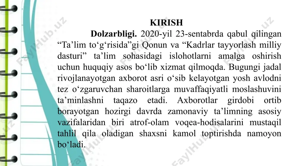 imoiy-tarbiyaviy xavfsizlik molik manba sifatida masalalari bilan shug'ullanuvchilar uchun muayyan harakat uyg'otadi. kurs ishining maqsadi. o‘quvchilarni axborot vositalari orqali ta’lim-tarbiya jarayonidagi o’rnini o‘rgatish yo‘llarini nazariy jihatdan asoslash va o‘quvchilarni ma’naviy barkamol shaxs sifatida shakllantirishda mustaqil va erkin fikrlashning o‘rni va ahamiyatini belgilashdan iborat. kurs ishining metodi. mavzuni yoritishda kuzatish, suhbat, qiyosiy tipologik usullardan foydalanildi. tadqiqotning vazifalari: 3. barkamol shaxsni tarbiyalashda tarbiyaviy tadbirlardan olayotgan tarbiyasi natijasida ijobiy fazilatlarga o‘rgatish usullarini ishlab chiqish; 4. ta’lim jarayonida tarbiyani qo’llab-quvvatlashda ta’lim va tarbiya metodlaridan samarali foydalanish usullarini taqdim etish; 1. boshlang’ich sinf o‘quvchilarni tarbiyasida tarbiyaviy tadbirlar orqali erkin tafakkurni rivojlantirish darajasini aniqlash; 2. o’quvchilar tarbiyasini mustahkamlashda tarbiyaviy tadbirlar inson faolligidagi o’rni hamda shu orqali o‘quvchilarning mustaqil va erkin fikrlashini ta’minlovchi g‘oyalarni tavsiya etish; tadqiqot natijasida o‘quvchilarni tarbiyasida tarbiyaviy tadbirlarni qo’llab-quvvatlash o‘rgatishga oid nazariy-metodik yondashuvlar, qarashlarga ega bo‘ldi. shuningdek, o‘quvchilarni tarbiyasida tarbiyaviy tadbirlar rag’batlantirishni qo’llab-quvvatlashga o‘rgatishning o‘ziga xos shakllari, vositalari, metodlari va texnologiyalari bilan boyitildi. …