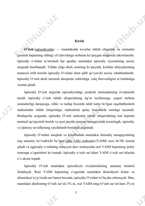 miy koʻrsatkichi boʻlgan yalpi ichki mahsulot (yaim) asos boʻlib xizmat qiladi va iqgisodiy oʻsishning muayyan davr mobaynida real yaim hajmining ijobiy tomonga oʻzgarishini koʻrsatadi. iqtisodiy oʻsish surʼatlari yaim oʻsish surʼatlarida oʻz aksini topadi. iqtisodiy oʻsish mamlakat iqtisodiyoti rivojlanishining umumiy holatini ifodalaydi. real yaim hajmining oʻzgarishi mamlakat iktisodiyoti holati va dinamikasi toʻgʻrisida maʼlumot bersada, iqtisodiy oʻsishni toʻliq aks ettirmaydi. mas, mamlakat aholisining oʻsish surʼati 3% ni, real yaim ning oʻsish surʼati ham 3% ni tashkil etdi. bunday holatda, garchi yaim hajmi oʻsgan boʻlsada, kishilarning daromadlari oʻzgarmay qoladi. shu sababli iqtisodiy oʻsishni toʻlaroq aks ettirish uchun boshqa bir koʻrsatkich — aholi jon boshiga ishlab chiqarilgan real yaimning oʻzgarishi qoʻllaniladi. real yaim hajmining oʻzgarishi umuman mamlakat iqtisodiyotining muayyan davr oraligʻidagi rivojlanishini ifodalasa, aholi jon boshiga toʻgʻri keladigan real yaim hajmining oʻzgarishi iqtisodiy rivojlanishga kishilar turmush darajasi orqali baho berishga xizmat qiladi. mamlakat iqtisodiyotida yaratilgan yaim ishlab chiqarish omillari — yer, kapital va mehnat …