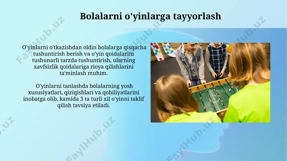 rtfel usullari kabi 5 ta asosiy pedagogik nazorat usullaridan foydalanish samarali natijalarga olib keladi. pedagogik nazorat jarayonida sifatli va miqdoriy ko’rsatkichlardan foydalaniladi; masalan, o’quvchilarning 75% test topshiriqlarini muvaffaqiyatli bajarsa, bu o’quv materialining yaxshi o’zlashtirilganligini ko’rsatadi. o'yinlardan keyingi faoliyat o'yin jarayonini tahlil qilish va bolalarning harakatlarini baholash orqali, keyingi o'yinlarni rejalashtirishda kamida 3 ta yangi o'yin elementlarini qo'shish mumkin. o'yin tugagandan so'ng, kamida 10-15 minut davomida bolalarni suv ichish, dam olish va erkin o'yinlarga qoldirish kerak. bu ularning jismoniy va ruhiy holatini tiklashga yordam beradi. yangi texnologiyalarni qo'llash mobil o'yinlarni rivojlantirishda ar/vr texnologiyalari qo'llanilishi orqali bolalarning fazoviy tasavvurini oshirish va ularning 3d muhitda harakatlanish qobiliyatini rivojlantirishga erishiladi. yangi texnologiyalar, masalan, interaktiv o'yin dasturlari yordamida 5-7 yoshli bolalar uchun 20 ta turli xil mobil o'yinlarni yaratish va ularni sinab ko'rish mumkin. kirish yosh bolalar va oʻsmirlar uchun mobil oʻyinlarning metodologiyasi 2-7 yosh va 7-11 yosh guruhlari uchun turli xil yondashuvlarni talab qiladi. …