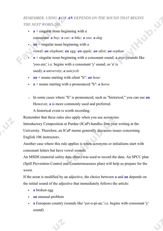 this rule applies is when acronyms or initialisms start with consonant letters but have vowel sounds: an msds (material safety data sheet) was used to record the data. an spcc plan (spill prevention control and countermeasures plan) will help us prepare for the worst. if the noun is modified by an adjective, the choice between a and an depends on the initial sound of the adjective that immediately follows the article: · a broken egg · an unusual problem · a european country (sounds like 'yer-o-pi-an,' i.e. begins with consonant 'y' sound) remember, too, that in english, the indefinite articles are used to indicate membership in a group: · i am a teacher. (i am a member of a large group known as teachers.) · brian is an irishman. (brian is a member of the people known as irish.) · seiko is a practicing buddhist. (seiko is a member of …