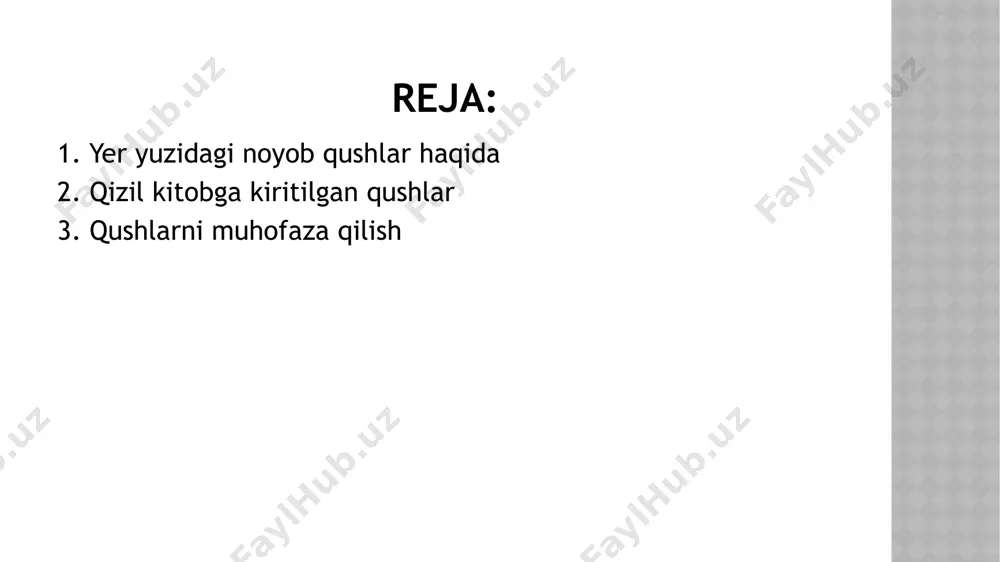ning polaponlari shunisi bilan qiziqki, ularning qanotlarida chantallari (tirnoq) bo’lib, ular yordamida daraxt shoxlariga osilib oladilar, va hattoki daraxtlarda harakatlanadilar. bu xususiyat ilk qushlarda bo’lgan va ulardan meros sifatida o’tgan. biroq qush katta bo’lgan sayin bu xususiyat yo’qola boradi. bu qushning go’shtini yeb bo’lmaydi,shuning uchun uni “sassiq” deb ataydilar. lekin chiroyli ko’rinishi tufayli qush gayana davlatining milliy belgisi hisoblanadi va gerbiga tasviri qo’yilgan. toporik aniqlanishicha, qushlar nafaqat havoda uchar ekanlar.bu qushcha bu harakatini suvda ham bajara olar ekan. toporik qushi qadimgi qushlardan bo’lib, ularning ilk ajdodlari 15 mln yil avval han yashaganlar.tashqi ko’rinishidan bu qushlar pingvinlarga o’xshasada, ular bilan hech qanday qarindoshligi yo’q. toporiklar yaxshigina suza ham oladilar va bunda qanotlaridan foydalanadilar va hattoki kichik baliqlarni tutib yeyish maqsadida 100 metrlik chuqurlikkacha ham tushishlari mumkin dubulg’asimon tumshuqli kalao bu qush turi juda noyob bo’lib, uni malay yarimorolida, sumatra va borneoda uchratish mumkin. kalao karkidonsimon qushlar oilasiga mansub bo’lib, tumshug’i dubulg’asimon …