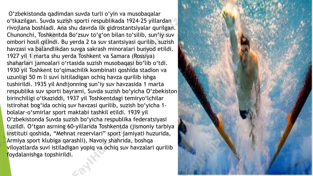 suzish qo’llaniladi. krol usulida ko’krakda suzish qo’l va oyoqlarning navbatma-navbat bajariladigan to’xtovsiz harakatlari bilan xarakterlanadi. unda gavda suv yuzida deyarli gorizontal holatda joylashadi. qo’llarning suvni eshishga tayyorgarlik harakati suv yuzida, havoda bajariladi. bu usul faqat 50 m dan 1500 m gacha bo’lgan masofalarda qo’llanib qolmasdan, balki uzoq masofalarga suzishda ham qo’llaniladi. bu usul, baxtsiz hodisalar oldini olishda-cho’kayotganlar oldiga tezroq suzib borishda juda qulaydir. krol usulida ko’krakda suzish suv to’pi o’yinlarida asosiy harakat vositasi (suzish usuli) bo’lib xizmat qiladi. sportcha suzish usullarini o’rgatish ko’pincha krol usulida ko’krakda suzishni o’rgatishdan boshlanadi. bu usul o’zlashtirilgach, boshqa usullardagi suzish texnikasiniosonlashadi osonlashadi. brass usulida ko’krakda suzish suzishning boshqa usullariga qaraganda harakat tezligi jihatidan ancha orqada turadi. bu usulning texnikasi oyoq va qo’llar harakatlarini bir vaqtda, bir-biriga mos holda bajarish, harakatlarni ma’lum tartibda uyg’unlashtirib borish bilan xarakterlanadi. tayyorgarlik harakati paytida qo’llar suvdan chiqmaydi. brassning sportdagi ahamiyati krol usulida ko’krakda suzishdagiga nisbatan ancha kam, lekin brass amaliy …