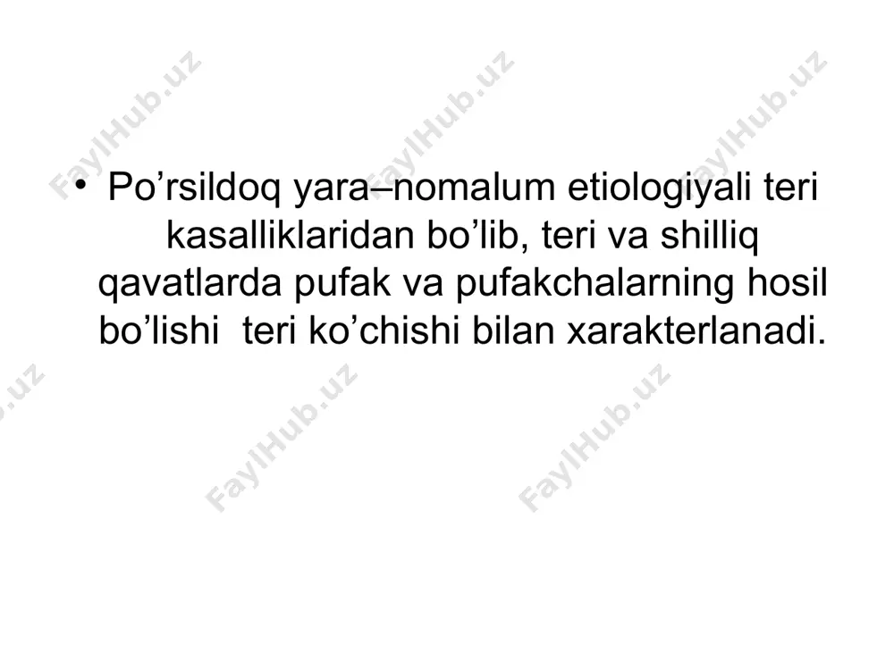 paratlar stostatiklar antibiotiklar ikkilamchi infeksiya bilan qo’shilib kelganda qo’llaniladi. davo muolajalari uzoq muddat uzluksiz toshmalar yo’qolgunga qadar olib boriladi vulgar po’rsildoq yara po’rsildoq yarada shilliq qavatlardagi o’zgarishlar seboreyali po’rsildoq yara seboreyali po’rsildoq yara oddiy po’rsildoq yara oddiy po’rsildoq yara oddiy po’rsildoq yara bulloz penfigoez dyuring gerpetiform dermatiti-surunkali retsidivlanuvchi teri kasalligi bo’lib oddiy uchuqqa o’xshash guruh-guruh bo’lib joylashuvchi polimorf toshmalar bilan xarakterlanadi gerpetiform dermatiti– kuchli teri qichishi bilan, asosan tizza, tirsak, umurtqa sohasi terisida uchraydi. kasallik sabablari gluteno gipersesibilizatsiya enteropatiya iga ning teri so’rg’ichlariga va bazal membrana bo’ylab granulla ko’rinishida o’tirib qolishi hisobiga autoimmun jarayon kelib chiqadi. patogenezida yodga sezgirlikning ortishi ham katta ahamyatga ega. kasallik asosan 20-40 yoshdagi shaxslarda uchrab, ko’p hollarda erkaklar kasallanadi. bazida kasallik onkologik xastaliklar bilan birga kechadi. kasallikni birinchi belgisi qichishish , achishish, siqilib ketish holatlari shikastlanmagan terida hosil bo’ladi. 8-12 kundan keyin kuchli qichuvchi element hosil bo’ladi. ular simmetrik , guruhli bo’lib,eritomotoz dog’,qavarchiq, tuguncha ,pufakcha,bazida …