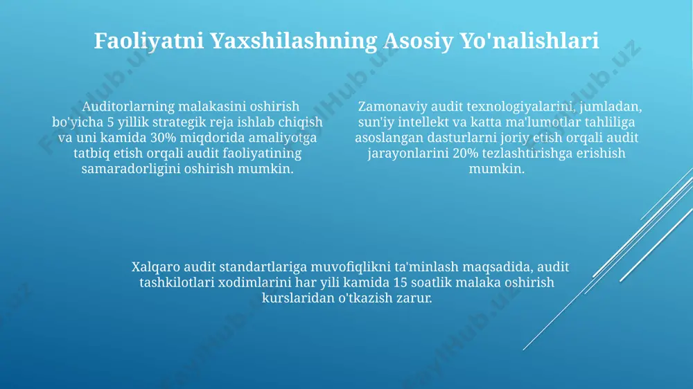 уқига эга. jamoat nazorati va uning samaradorligi ўзбекистондаги 50 тадан ортиқ жамоат ташкилоти 2023 йилда бюджет маблағларининг мақсадли ишлатилишини кузатишда фаол иштирок этиб, жамоат назорати механизмларининг самарадорлигини оширишга ҳисса қўшди. жамоат назорати самарадорлигини баҳолаш учун 3 та асосий кўрсаткич – аниқланган камчиликлар сони, уларнинг тузатилиши даражаси ва жамоатчиликнинг фаоллиги – таҳлил қилинади. жамғарма аудитида 2022 йилда аниқланган молиявий бузилишларнинг 15%и ҳисоб-китобларнинг нотўғри юритилиши билан боғлиқ бўлиб, бу жамоат назоратининг самарадорлигини ошириш бўйича чора-тадбирларни кучайтиришни талаб қилади. auditorlik xizmatlari bozorini rivojlantirish auditorlik xizmatlari bozorining 2023 yildagi hajmi 150 milliard so'mdan oshdi, bu esa sohaning jadal rivojlanishini ko'rsatadi va kelgusida yanada yuqori o'sishni taxmin qilish mumkin. davlat tomonidan qo'llab-quvvatlash dasturlari va elektron hujjat aylanishining joriy etilishi auditorlik firmalarining samaradorligini 20% ga oshirish va xarajatlarni kamaytirish imkonini beradi. malakali auditorlar sonining ortishi (taxminan 15% ga) va xalqaro standartlarga muvofiqlashtirish auditorlik xizmatlari sifatini oshirishga va bozor raqobatbardoshligini mustahkamlashga yordam beradi. e'tiboringiz uchun rahmat @taqdimot_robot