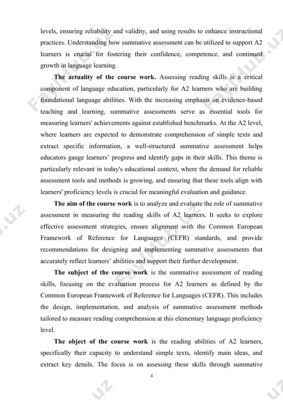 an help teachers improve their assessment practices, ensure more accurate evaluations, and tailor future instruction based on assessment results. this coursework is also valuable for curriculum developers, as it informs the integration of standardized assessments into educational programs. the theoretical value of the course work. the research enriches the theoretical understanding of assessment in language education, particularly within the framework of the common european framework of reference for languages (cefr). it delves into the principles of summative assessment, exploring its role in measuring reading comprehension and proficiency. the coursework also examines pedagogical theories related to skill development and assessment design, contributing to the broader field of language education theory. by addressing the challenges and opportunities of assessing a2 learners, it bridges the gap between theoretical frameworks and their practical applications. the task of investigation. we have set ourselves to achieve the following tasks forward: -investigate the theoretical underpinnings and principles …