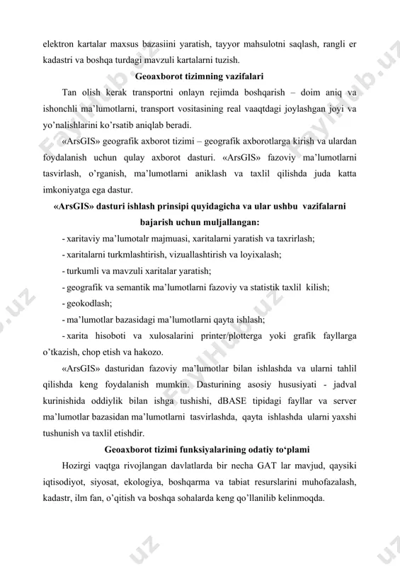 tanlanishiga sabab bugungi kunda keng tarqalgan tizimlardan hisoblanadi. yana bir qulay tomoni turli portallarning xaritalaridan foydalanish imkoniyatining borligi va sas.planeta dasturida navigatsiya vositalarining mavjudligi. geoaxborot tizimining asosiy afzalliklari zamonaviy gis tizimini tadqiqot uchun tanlashda foydalanuvchi tomonidan quyidagilarga e’tibor qaratiladi: gislar yordamida qanday masalalar hal etilishi kerakligiga, oqibatda qanday natija olinishi kutilayotganligiga, ishlanayotgan ma’lumot hajmining kattaligiga, hal etilayotgan masalalarning dolzarbligiga, ularni hal etish uchun qanday yondashilib, qanchalik darajada sezilarli natijalarni olishga. xorijiy gis tizimlarining ayrimlari ustida to‘xtalamiz. hozirgi paytda jahonda ko‘plab gislar mavjud bo‘lib, ularning maqsadi turlicha: ayrimlari ma’lum bir sohada ishlashga yo‘naltirilgan bo‘lsa, boshqalari tarmoq tizimida ishlatilishga mo‘ljallangan. geoaxborot tizimi operatsiyalari fotogrammetrik ishlov berishga quyidagi jarayonlar kiradi: · analitik fototriangulyasiya, yani fotogrammetrik uslublar bilan mavjud tayanch nuqtalar koordinatalariga nisbatan joyning boshqa nuqtalari koordinatalarini aniqlash usuli. bu ish natijasida, faqatgina joyning boshqa nuqtalarining koordinatalarinigina emas, balki joy stereomodelining planga olish vaqtidagi fazoviy joylashishini ifodalovchi modelning tashqi orientirlash elementlari ham aniqlanadi. oxirgi …