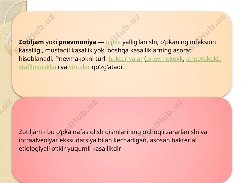 atlarining 30-50% ga sabab bo‘ladi, undan keyin gemofil tayoqchasi, gripp virusi va mikoplazmalar turadi . bemorlarning turiga qarab zotiljamning eng keng tarqalgan qo‘zg‘atuvchilari quyidagilar. zotiljamning klinik belgilari. - taxipnoe, - sianoz, - burun qanotlarining shishi, - nafas olishda yordamchi nafas olish mushaklarining ishtirok etish, qovurg‘alararo bo‘shliqlarning tortilishi, - o‘pkada perkussiya tovushining to‘mtoqlashishi, - o‘pkada auskultativ o‘zgarishlar: bronxial nafas, turli hirillashlar. 14 virusli yoki mikoplazma etiologiyali zotiljam bilan kasallangan homilador ayollarda ko‘pincha fizikal tekshiruvlarda patologik o‘zgarishlar bo‘lmaydi. nafas bilan bog‘liq simptomlar yo‘tal - 90% dan ortiq hollarda nafas olish bilan bog‘liq bo‘lmagan simptomlar isitma 38°s va undan yuqori yoki 36°s dan past bo‘lgan gipotermiya balg‘amning yaxshi ajralishi – 66% xansirash – 66% plevral og‘riq – 50% bosh og‘rishi charchash mialgiya terlash ko‘ngil aynishi qua: neytrofil leykositoz, mielositlargacha chapga siljishi, neytrofillarning toksik donadorligi, limfopeniya, eozinopeniya, echt oshishi. qba: b2- i y-globulinov miqdori, sial kislotalar, seromukoid, fibrin, ldg (ayniksa ldgz) mi?dori oshishi. peshob …