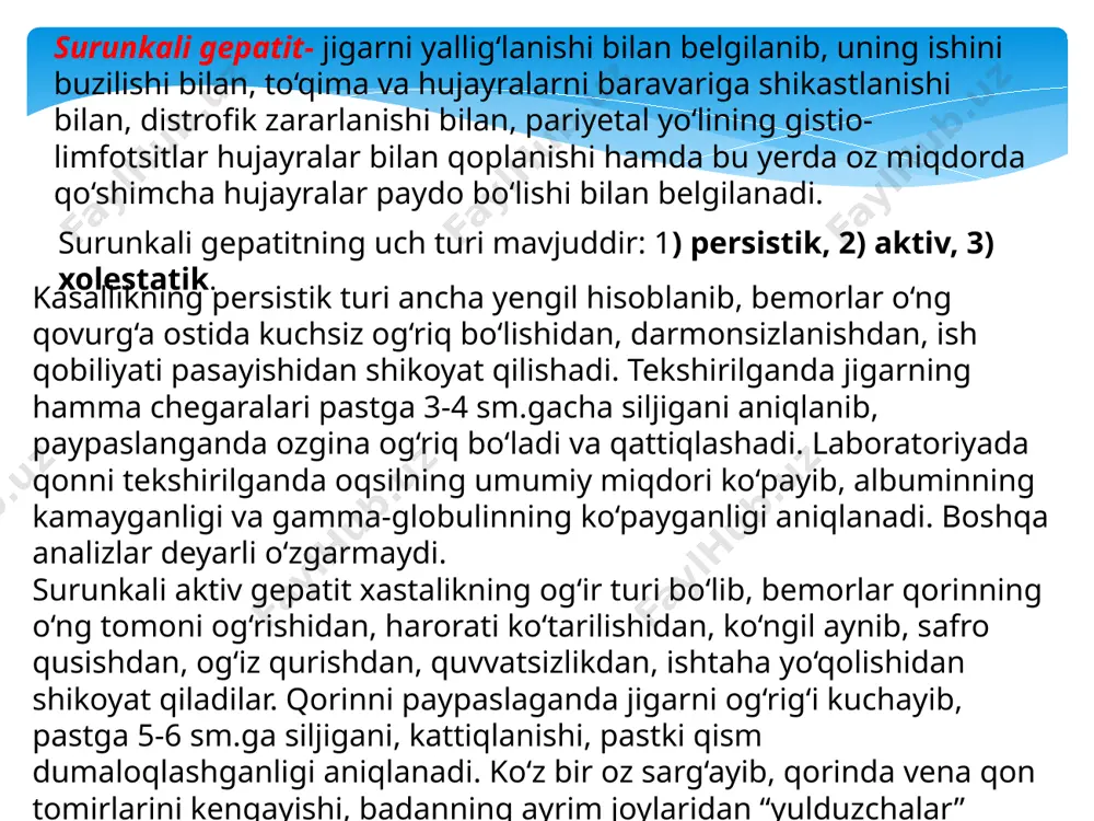 amma-globulinning ko‘payganligi aniqlanadi. boshqa analizlar deyarli o‘zgarmaydi. surunkali aktiv gepatit xastalikning og‘ir turi bo‘lib, bemorlar qorinning o‘ng tomoni og‘rishidan, harorati ko‘tarilishidan, ko‘ngil aynib, safro qusishdan, og‘iz qurishdan, quvvatsizlikdan, ishtaha yo‘qolishidan shikoyat qiladilar. qorinni paypaslaganda jigarni og‘rig‘i kuchayib, pastga 5-6 sm.ga siljigani, kattiqlanishi, pastki qism dumaloqlashganligi aniqlanadi. ko‘z bir oz sarg‘ayib, qorinda vena qon tomirlarini kengayishi, badanning ayrim joylaridan “yulduzchalar” paydo bo‘lishi ahamiyatga egadir. qonda bilirubin, fermentlar miqdori ko‘payib, oqsil kamaygani bilinadi. lipid metabolizmining buzilishi 2. giperlipidayemiyani o'rganish juda katta ahamiyatga ega, asosan, asosan lipidlarni yurak-qon tomir kasalliklarida jalb qilish tufayli. fredrickson, levi va lee birinchi bo'lib giperlipidaemiyani birinchi plazma liprototein konsentratsiyalari asosida belgilab qo'ydi (jadval). garchi fredricksonning klinikligini klinik xaritada lipidologiyani qo'yishga yordam bergan bo'lsa-da, bu diagnostika tasnifi emas edi. bu tartibsizlikning etiologiyasiga qadar kichikroq ma'lumot beradi; darhaqiqat, barcha fenotiplar birlamchi yoki ikkilamchi bo'lishi mumkin. bundan tashqari, fredrickson turi parhez yoki giyohvand moddalar aralashuvi natijasida o'zgarishi mumkin. hozirgi kunda asosiy …