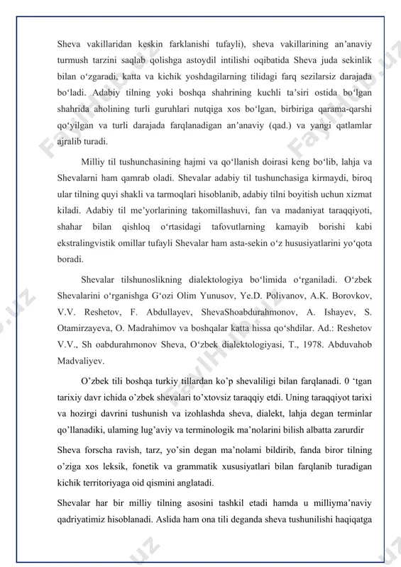 onetik, leksik va morfologik xususiyatlari keng miqyosda o’rganildi hamda boy material to’plandi. 0 ‘zbek shevalarini o’rganishda xix asming oxirlarida pay do bo’lgan qiyosiy - tarixiy metoddan ham foydalanilgan. bu metodga ko’ra o’zbek shevalari materiallari «devonu lug’atit turk», «qutadg’u bilig», alisher navoiy asarlari tili va boshqa til tarixi manbalari tiliga qiyoslab o’rganib borilgan, lekin bu metod asosiy metod hisoblangan emas, balki tahlil talab o’rinlardagina va ayrim til tarixiga oid maqola va asarlarda uchrab turadi. shuningdek, o’zbek dialektlari fonematik tizimini sistem metod orqali o’rganish ham tajriba qilindi. jumladan, o’zbek tilidagi til birliklarini invariant - variant munosabatida o’rganish jarayonida o’zbek shevalari fonologik tizimi ham sistem jihatdan tahlil qilingan ishlar yuzaga kelmoqda (qarang: nabieva d. a. 0 ‘zbek tilida lisoniy birliklaming invariant - variant mundsabati. o‘zbek shevalarining sintaktik xususiyatlari kam o'rganilgan. y. jumanazarovning o‘g‘uz shevalari sintaktik xususiyatlarini yoritgan monografik tadqiqotidan boshqa jiddiy ishlar hali matbuot yuzini ko‘rgani yo‘q. ushbu qo‘llanmada e’lon qilingan sheva materiallari …