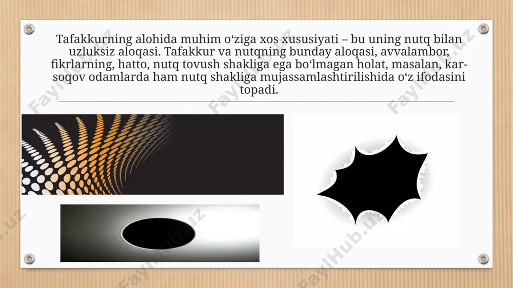 n hukm jismlar va ularning xossalari o‘rtasidagi voqelikda mavjud bo‘lgan aloqalarni ifodalaydi. «massa – inertlik o‘lchovi» chin hukmdir. xato hukm ob’ektiv hodisalar o‘rtasidagi voqelikda mavjud bo‘lmagan aloqani ifodalaydi, masalan: «barcha odamlar uchun o‘lim muqarrar emas». bir yoki bir necha hukmlardan yangi hukm yuzaga keladigan tafakkur shakli xulosa deb ataladi. boshqa hukmlar keltirib chiqariladigan boshlang‘ich hukmlar xulosa dalillari deb ataladi. masalan, barcha slanetslarning yonuvchanligi ma’lum, va ushbu modda slanets bo‘lsa, u holda «ushbu moddaning yonuvchanligi» haqida xulosa yasash mumkin. e’tiboringiz uchun rahmat! image4.png image5.jpg image6.jpg image7.jpg image8.jpg image9.jpg image3.png /docprops/thumbnail.jpeg