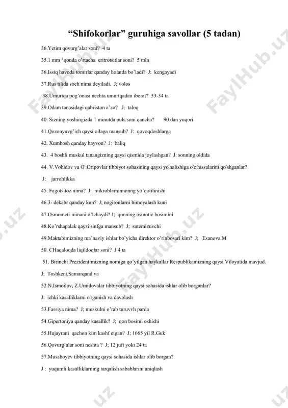 a, xumbosh,kaktus 2.immunited, vena, tur, volvoks, epiteliy, dengiz,tulki,anor,changdon,qo’shoyoq 3.bilakuzuk,nerv tola,urug’chi,son,fassiya, insulin,tapir,karam,asalari 4.yurak,ko’z,binafsha,donor,fagotsitoz,limfa,sakkizoyoq,zog’ora b,plazma,soch 5,sholi,boldir,tovon,tuxum,virus,hujayra,mikroskop,tomir, daraxt,timsoh 6.nilufar,barmoq,biriktiruvchi t,motoneyron,yuz,miya,yurak,alligator,suv,lola 7,qunduz,yonoq,lab,tirsak,mechnikov,qovoq, zuxrasoch,xlorella,urug’,teri 8.novda,barg,qo’shoyoq,bilak,chanoq,axaltaka,glukoza,adrenalin,tinoq,tish 9. beruniy,kambiy,zigota,elektr skat, panda,suyak,gemoglobin,bosh,bo’yin,nok 10.daryo,kislorod,ildiz,po’stloq,o’pka,til,evkalipt,burchoq,gambuziya,jayron iii shart. (test 15 ta) 1.”biron tirik organism tashqi muhitsiz yashay olmaydi ” bu fikrni qaysi olim aytgan? a)volter b)i.p. pavlov c)ivanovskiy d)i.m.sechenov 2.odamning skelet muskullari qanday to’qimadan tashkil topgan? a)epigelial b)nerv c)ko’ndalang yo’lli muskul d)silliq muskul 3.hujayralararo moddasi xossasiga ko’ra toshga o’xshaydigan to’qimani toping? a)zich to’qima b)yassi epiteliy c)tog’ay to’qimasi d)suyak to’qimasi 4.neyronning qaysi o’simtalari impluslarni organlarga o’tkazadi? a)bitta akson b)bir nechta aksonlar c)bitta dendrit d)bir nechta dendrit 5.qaysi ionlar hujayrada biologic tok hosil bo’lishida muhim ahamiyatga ega? a)kalsiy, fosfor b)natriy, xlor c)natriy, kaliy d)kalsiy, temir 6.qaysi to’qima tez ko’payish va tez yangilanish xususiyatiga ega? a)epiteliy b)muskul c)nerv d)biriktiruvchi 7.silliq tolali muskullar qanday shaklda bo’ladi va o’lchamlari qanday? a)tuxumsimon, 0.5mm b)duksimon,0.1mm c)ovalsimon, 0.9mm d)silindirsimon, 1.0 mm 8.qaysi to’qima ikki xil hujayradan tashkil topgan? a)epiteliy …