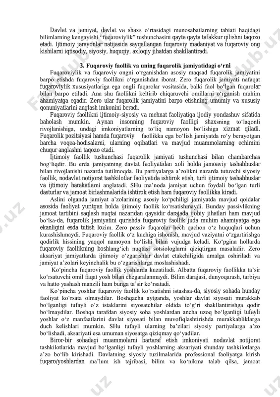 at organlari qonunlar, me‟yoriy hujjatlar, qoida va talablardan iborat huquqiy doirada faoliyat yuritsa, fuqarolik ongi erkin shakllanadi. fuqaroviy ong me‟yorlari ijtimoiy- siyosiy jarayonlar natijasida shakllanadi, uni muvofiqlashtiradigan yoki uni amalga oshiradigan maxsus tuzilmalar bo„lmaydi. fuqarolik ongining vazifalari alohida individ emas, balki butun jamiyat faoliyati bilan bog„liq. fuqarolik ongi jamiyat hayotida turli shakllarida namoyon bo„ladi. kishilar shaxsiy va ijtimoiy qadriyatlar borasida o„z qarashlari, tasavvurlari, qadriyatlari, intilishlari, me‟yorlarini turli ko„rinishlarida namoyon etishadi. jamiyat, guruhlar, shaxsning ijtimoiy manfaatlari namoyon bo„ladigan fuqaroviy manfaatlar tizim holiga keladi. aynan tizim holida bo„lganligi tufayli fuqaroviy manfaatlar har bir shaxsning qadriyatlarini hayotga tatbiq etadi, uning jamiyatga, davlatga, boshqa fuqarolarga nisbatan munosabatini shakllantiradi. fuqaroning mas‟uliyati, maqsadlari, vazifalarini belgilashga, ijtimoiy ahamiyatga ega bo„lgan xususiyatlarini shakllantirishga ko„maklashadi. aynan ana shu tarzda shakllangan fuqaroviy ong fuqarolik jamiyatining shakllanishiga xizmat qiluvchi qadriyatlar, me‟yorlar, g„oya hamda tasavvurlarni shakllantirish, jamiyatni komillik va erkinlikka etaklashga xizmat qiladi. fuqarolik jamiyati bir necha avlod almashinuvini talab etadigan jarayon …