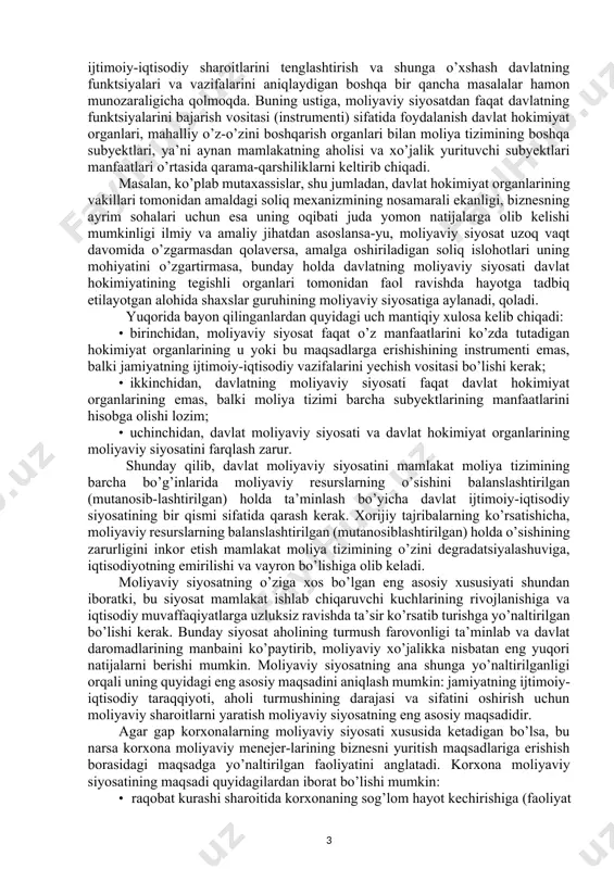 at organlarining vakillari tomonidan amaldagi soliq mexanizmining nosamarali ekanligi, biznesning ayrim sohalari uchun esa uning oqibati juda yomon natijalarga olib kelishi mumkinligi ilmiy va amaliy jihatdan asoslansa-yu, moliyaviy siyosat uzoq vaqt davomida o’zgarmasdan qolaversa, amalga oshiriladigan soliq islohotlari uning mohiyatini o’zgartirmasa, bunday holda davlatning moliyaviy siyosati davlat hokimiyatining tegishli organlari tomonidan faol ravishda hayotga tadbiq etilayotgan alohida shaxslar guruhining moliyaviy siyosatiga aylanadi, qoladi. yuqorida bayon qilinganlardan quyidagi uch mantiqiy xulosa kelib chiqadi: · birinchidan, moliyaviy siyosat faqat o’z manfaatlarini ko’zda tutadigan hokimiyat organlarining u yoki bu maqsadlarga erishishining instrumenti emas, balki jamiyatning ijtimoiy-iqtisodiy vazifalarini yechish vositasi bo’lishi kerak; · ikkinchidan, davlatning moliyaviy siyosati faqat davlat hokimiyat organlarining emas, balki moliya tizimi barcha subyektlarining manfaatlarini hisobga olishi lozim; · uchinchidan, davlat moliyaviy siyosati va davlat hokimiyat organlarining moliyaviy siyosatini farqlash zarur. shunday qilib, davlat moliyaviy siyosatini mamlakat moliya tizimining barcha bo’g’inlarida moliyaviy resurslarning o’sishini balanslashtirilgan (mutanosib-lashtirilgan) holda ta’minlash bo’yicha davlat ijtimoiy-iqtisodiy …