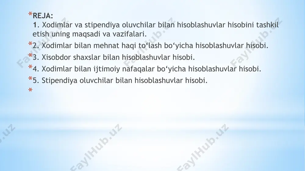 ar aniqlangan kundan boshlab bir oylik muddat o‘tgan bo‘lsa, undirish sud orqali amalga oshiriladi. ma’lumki ish haqi, o‘z navbatida, asosiy va qo‘shimcha ish haqiga bo‘linadi: asosiy ish xaqiga, xodimlarni ishlagan vaqti, bajargan ishining miqdori va sifatiga asosan hisoblangan ish haqi, tarif stavkalari, okladlar, mukofotlar, asosiy ish vaqtidan tashqari ishlagan ish vaqtiga hisoblangan qo‘shimcha ish haqi, ishchi aybiga bog‘liq bo‘lmagan xolda turib qolishlarga xisoblangan ish haqi va boshqalar kiradi 2.xodimlar bilan mehnat haqi to‘lash bo‘yicha hisoblashuvlar hisobi. mehnatga haq to‘lashni ikkita shakllari mavjud: ishbay va vaqtbay. mehnat haqini hisoblashning ishbay shaklida ish haqi - ishlab chiqarilgan mahsulotning hajmi, sifati, bajarilgan ishlar va ko‘rsatilgan xizmatlar hajmiga ko‘ra hisoblanadi. mehnat haqini hisoblashning vaqtbay shaklida mehnat haqi ishlangan ish soatlariga muvofiq, shtatlar jadvalidagi tarif stavkalariga asoslangan holda hisoblanadi. tarif setkasi – bu razryadlar va ularga tegishli bo‘lgan tarif koeffitsentlari ko‘rsatiladigan hujjatlardir. birinchi razryadning tarif koeffitsenti birga teng bo‘lib, razryad ortgan sari tarif koeffitsenti ham …