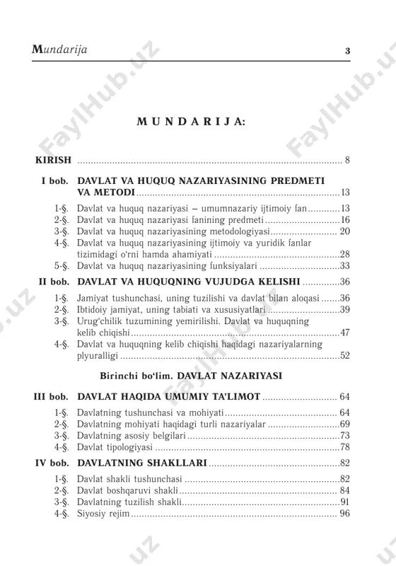 ..... 117 vi bob. davlat mеxanizmi (apparati)................................. 121 1-§. davlat mexanizmi (apparati) tushunchasi va mohiyati .............. 121 2-§. davlat mexanizmi (apparati) ning tashkil etilishi va faoliyati prinsiplari ...............................................................125 3-§. davlat organi tushunchasi va turlari ........................................130 4-§. hokimiyatlar taqsimlanishi prinsipi ..........................................138 vii bob. jamiyatning siyosiy tizimi va davlat .................146 1-§. siyosiy tizim tushunchasi va turlari .........................................146 2-§. siyosiy tizimning tarkibiy tuzilishi va funksiyalari ................... 152 3-§. jamiyat siyosiy tizimida davlatning o‘rni ..................................155 4-§. jamoat birlashmalari va davlat organlarining o‘zaro munosabatlari ..........................................................................158 ikkinchi bo‘lim. huquq nazariyasi viii bob. huquqning mohiyati ...................................................165 1-§. huquqning tabiatini anglash ....................................................165 2-§. huquqning asosiy belgilari .......................................................169 3-§. huquqning talqiniga oid ta’limotlarning turli-tumanligi ............ 173 ix bob. huquq prinsiplari va funksiyalari ...................184 1-§. huquq prinsiplari tushunchasi va mohiyati ...............................184 2-§. huquq prinsiplarining tasnifi ....................................................186 3-§. huquq funksiyalari tushunchasi va turlari ................................ 191 x bob. huquqning shakli (manbayi) .................................195 1-§. huquq shakli (manbayi) tushunchasi ........................................195 2-§. huquqiy odat – …