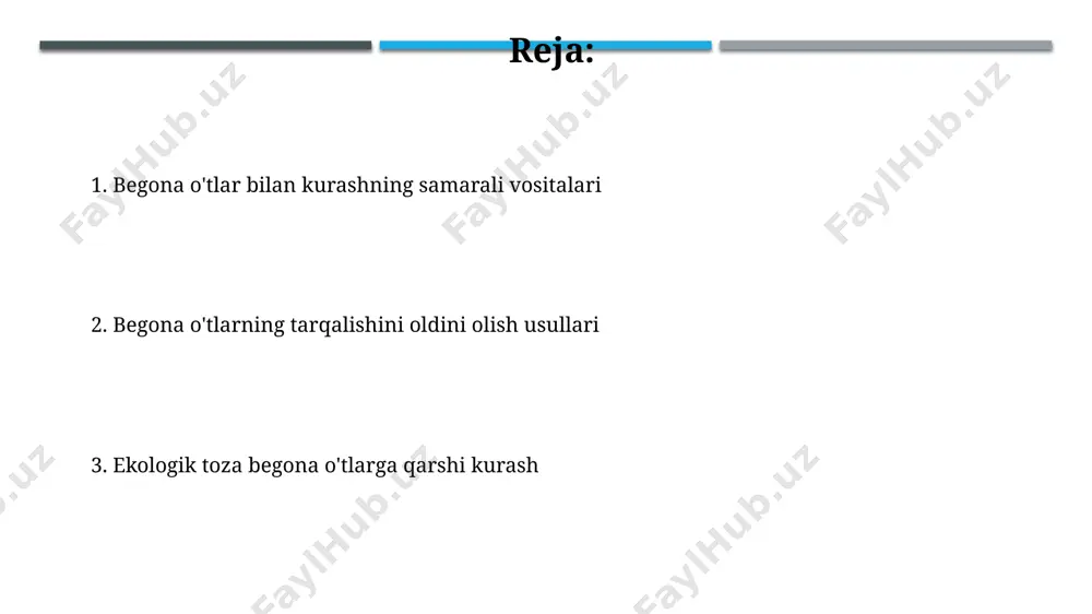 o't urug'larining 90% dan ortig'i tuproqning yuza qismida joylashganligi sababli, mulchalash usuli, masalan, 5 sm qalinlikdagi organik materiallar bilan qoplash, ularning unib chiqishini sezilarli darajada kamaytiradi, xususan, farg'ona vodiysida. herbitsidlarni qo'llashda 3 dan ortiq turdagi begona o'tlarga qarshi samarali bo'lgan preparatlardan foydalanish, masalan, glifosat asosidagi preparatlar bilan birga, selektiv herbitsidlarni qo'llash orqali, navoiy viloyatining cho'l hududlarida begona o'tlarning tarqalishini sezilarli darajada cheklash mumkin. begona o'tlarning turlari va ularning tarqalish xususiyatlari g'o'za teraklari (populus deltoides) kabi ba'zi daraxtlarning urug'lari shamol yordamida 10 km masofaga tarqalishi mumkin, shu sababli samarqand viloyati kabi shahar atroflarida begona o'tlarning tarqalishini kuchaytiradi. qo'ng'irbod (ambrosia artemisiifolia) o'simligi shamol orqali changlatilishi tufayli 1 gektar maydonda 1 million donagacha urug' hosil qilib, shimoliy amerikadan butun dunyoga, jumladan, o'zbekistonning qishloq xo'jalik hududlariga ham tarqalgan. suv resurslarini boshqarish va begona o'tlarning tarqalishi samarqand viloyatida o'tkazilgan tadqiqotlar shuni ko'rsatdiki, 25% begona o'tlarning tarqalishi noto'g'ri suv resurslarini boshqarish bilan bog'liq bo'lib, bu esa …