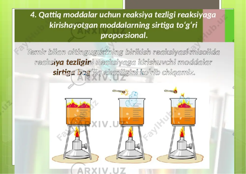 asiyalari birga teng bulgandagi tezlik, ya'ni solishtirma tezlikdir. k ning kiymati reagentlarning, ya'ni reaksiyaga kirishayotgan moddalarning tabiatiga, temperaturaga va katalizatorga boglik bulib, konsentrasiyaga boglik emas. reaksiyaning tezliklari k ning kiymati bilan takkoslanadi. agar reagentlarning stexiometrik koeffisiyentlari birdan boshka bulsa, masalan: aa + bb = cc uchun massalar ta'siri konunining matematik ifodasi kuyidagicha buladi: v=k[a]a.[b]b massalar ta'siri konunidan foydalanib, konsentrasiyaning uzgarishi bilan tezlikni uzgarishini xisoblab topish mumkin. misol: 2no+o2=2no2 reaksiyada aralashmaning xajmi ikki marta kamaytirildi; tezlik kanday uzgaradi? yechish: xajmning uzgarishidan oldin, no va o2 ning konsentrasiyalari a va v ga teng bulsin. bu xolda: v=k[no]2[o2] yoki v=ka2b buladi. xajmning ikki marta kamayishi natijasida konsentrasiya ikki marta oshadi; endi [no] urniga 2[no] va [o2] urniga 2 [o2] olish kerak; v=k(2a)2(2b)=8ka2b demak, tezlik 8 marta oshadi. kimyoviy jarayonlarni tekshirish reaksiyalarning nixoyatda xilma-xil tezlik bilan borishi mumkinligini kirsatadi. ba'zan reaksiya shunday tez boradiki, amalda uni bir onda biladi deb xisoblash mumkin. masalan, tuzlar …