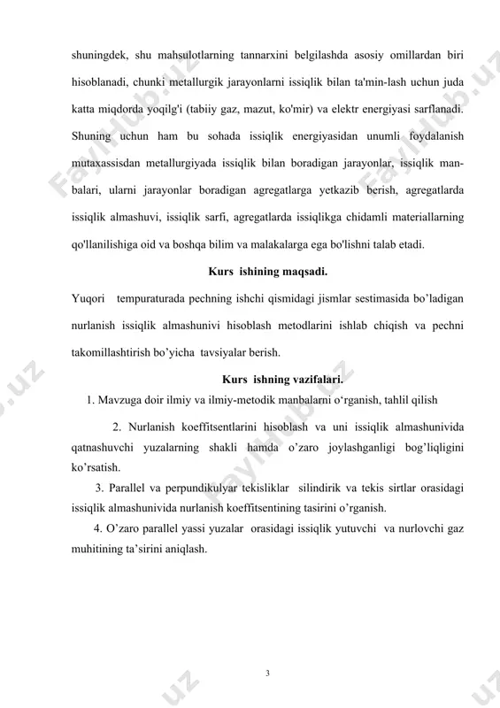 emas. o'zbekiston yer osti boyliklari bilan haqli ravishda faxrlanadi — bu yerda mendeleev davriy sistemasidagi deyarli barcha elementlar topilgan. har qanday mamlakatning iqtisodiy va mafkuraviy salohiyati unda mavjud tabiiy boylik, energiya resurslari va shu mamlakat egasi bo'lgan har bir insonning bu boyliklardan oqilona foyda-lanishga yo'naltirilgan munosabati bilan belgilanadi, desak mubolag'a bo'lmaydi. bugungi kunda respublikamiz o'zida ishlab chiqarilayotgan rangli, qimmatbaho, noyob va qora metallari bilan dunyo bozorida yetakchi o'rinlardan birini egallab kelmoqda. qadimdan ma'lumki, insoniyat tosh (ruda)dan metall ajratib olishda issiqlikdan foydalanib kelgan. texnika va texnologiyalar rivojlangan hozirgi davrda ham metallurgiyani issiqlik energiyasisiz tasawur etish qiyin. chunki har qanday metallurgik (pirome-tallurgik, gidrometallurgik) jarayon issiqlik yutish yoki chiqarish bilan boradigan fizik-kimyoviy o'zgarishlar orqali amalga oshiri-ladi. metallurgik jarayonlar katta miqdorda issiqlik talab etadigan, yuqori haroratlar (800°c—1500°c)da ishlaydigan agregatlarda olib boriladi. metallurgiyada issiqlik xomashyodan metall olishda, ulardan turli qotishma mahsulotlar tayyorlashda, shuningdek, shu mahsulotlarning tannarxini belgilashda asosiy omillardan biri hisoblanadi, chunki metallurgik jarayonlarni issiqlik …