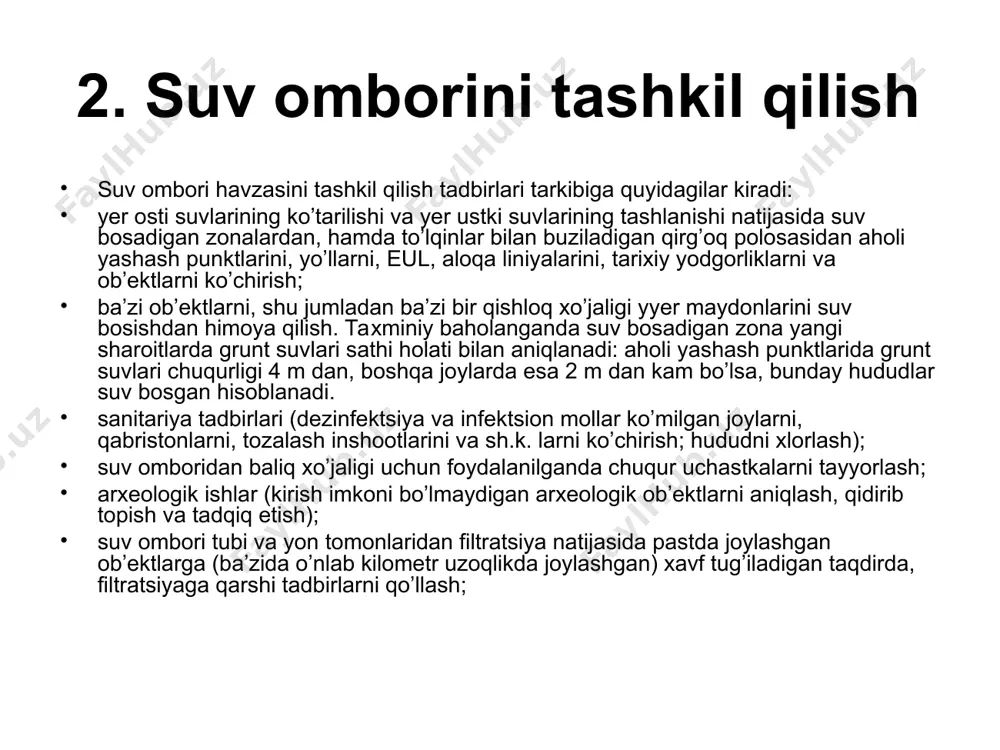asiyalashgan; 1-ekran-ponur; 2-chim, mox, somonli to‘shama; 3-slan; 4-shox-shabba va grunt bilan to‘ldirish; 5-siquvchi halqalar; 6-tyerilgan tosh; 7-ko‘prik; 8-yel xivichlari qatlami; 9-flyutbet qoziqlari; 10-to‘kilgan go‘ng. uyga topshiriq 1.gidrouzellarni qurishdan maqsad nima? 2.to’g’onlarning qanday turlari mavjud ular haqida ma’lumot bering 3.suv ombor va to’g’oning farqi nimada? 4.suv omborlarda qanday enyergiya yig’ilgan bo’ladi? 5.suv omborlarini quishdan maqsad nima? 6.suv omborlarida qanday hajmlar bor?