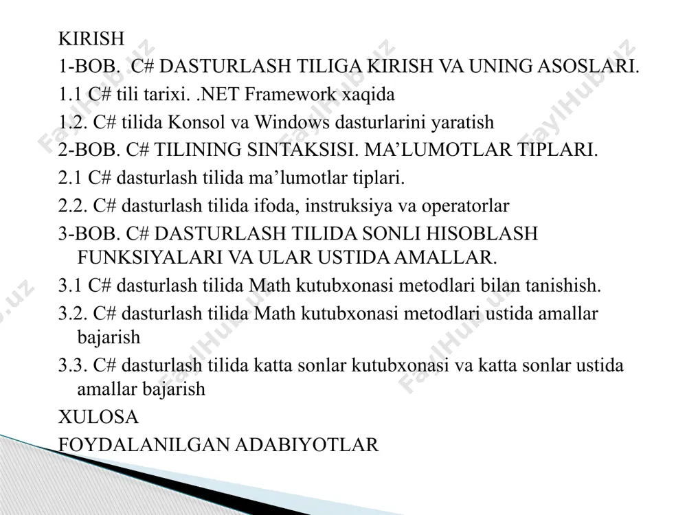asturlarni yozish qiyin bo‘lgan, satr kodlari miqdorining oshishi sababli dasturlarning o‘tish joylari chalkash massalariga aylanib ketishiga olib keladi. strukturaviy tillar dastur tuzuvchi instrumentariysiga shartli operatorlarni, lokal o‘zgaradigan tartiblarni va boshqa mukammallashtirishlarni qo‘shib bu muammoni hal qildi. shunday tarzda nisbatan katta dasturlarni yozish imkoniyati vujudga keldi. 1.1 c# tili tarixi. c# ning genealogik tasnifi ushbu rasmda ko‘rsatilgan. c# tili c++ da aniqlagan ob’ektli modelga qurilgan, sintaksisi, ko’plab kalit so‘zlar va operatorlarni u c tilidan meros qilib olgan. agarda siz dasturlashning ushbu tillarini bilsangiz, unda sizga c# ni o‘rganishda muammo kelib chiqmaydi. c++ java c# c xozir biz bu bo‘limda visual studio muhitida windows oynali dasturlar qanday yaratilishini ko‘rib chiqamiz. 1. file|new|project menyu punktlarini tanlash orqali yangi c# loyiha yarating va hosil bo‘lgan oynadan visual c# windows papkasini, undan windows forms application piktogrammasini tanlang. oynaning name qismiga loyiha nomi beriladi, location qismiga loyiha saqlanadigan papkasi (browse… tugmasi orqali) ko‘rsatiladi va ok tugmasi …