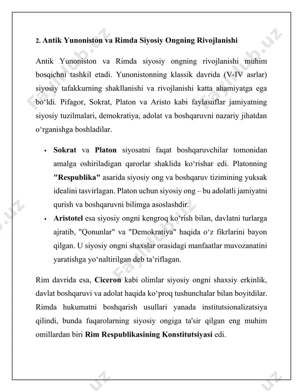 l qiladi. siyosiy ongni rivojlantirish fuqarolarga quyidagi imkoniyatlarni beradi: · saylovlar va ishtirok: fuqarolar siyosiy ongning rivojlanishi orqali saylovlarda faol ishtirok etadilar. saylovlar, fuqarolarning hukumatni shakllantirishdagi rolini belgilab, ularning demokratik huquqlarini amalga oshirishda muhim vosita hisoblanadi. · demokratik qadriyatlar: siyosiy ong demokratik qadriyatlarni qo‘llab-quvvatlashni rag‘batlantiradi. fuqarolar erkinlik, tenglik, huquqiy davlat va inson huquqlari kabi qadriyatlarni rivojlantirishda qatnashadilar. · ijtimoiy harakatlar: siyosiy ong jamiyatda adolatni ta'minlash va diskriminatsiyaga qarshi kurashish uchun ijtimoiy harakatlarni qo‘llab-quvvatlashga turtki beradi. bu harakatlar siyosiy qarashlarni shakllantirib, siyosiy islohotlar va qonunchilikdagi o‘zgarishlarga sabab bo‘ladi. masalan, gender tengligi, etnik tenglik, mehnat huquqlari kabi sohalarda faoliyat yuritadigan ijtimoiy harakatlar hozirgi siyosiy ongning mahsulidir. 2. texnologiya va axborot erkinligi siyosiy ongning hozirgi zamondagi o‘rnini belgilovchi yana bir muhim omil - bu texnologik o‘zgarishlar va axborot vositalarining ta'siri. ommaviy axborot vositalari, internet va ijtimoiy tarmoqlar siyosiy ongni shakllantirishda va fuqarolarni siyosiy jarayonlarga jalb etishda muhim rol o‘ynaydi. · ijtimoiy tarmoqlar: ijtimoiy …
