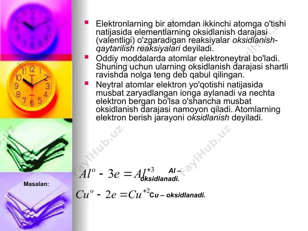 oksid ) , metallarning peroksidlari (na2o2, sao2) va boshqalar. 3. metallarning yukori oksidlanish darajasiga ega bo’lgan ionlari , masalan fe3+,au3+ , cu2+ , sn4+ . muxim qaytaruvchilar: 1. metallar, ayniksa ishkoriy-yer metallar ( li , na, k va boshqalar ) va ishkoriy-yer metallari(ca, sr , ba ) . 2. vodorod , uglerod ( koks), uglerod (ii) - oksid co. 3. kislorodsiz kislotalar va ularning tuzlari : gidridlar tarkibidagi vodorod ioni n- (nah, kh, cah2 va boshqalar ). ba’zi moddalar sharoitga qarab xam oksidlovchi, xam qaytaruvchi vazifasini bajarishi mumkin (masalan, hno2 , h2so3 ). oksidlanish - qaytarilish reaksiyalariga muxitning ta’siri. oksidlanish - qaytarilish reaksiyalarida muxit muxim axamiyatga ega . muxitning ta’siri masalan, kmno4 ning qaytarilish xarakterida yakkol namoyon bo’ladi. kislotali muxitda mno4- ion mn 2+ iongacha, neytral muxitda mno2 gacha, ishkoriy muxitda mno42- ( yashil rang) iongacha qaytariladi. kmno4 ning kislotali muxitda qaytarilishi: kmno4 ning neytral muxitda qaytarilishi : kaliy permanganatning …