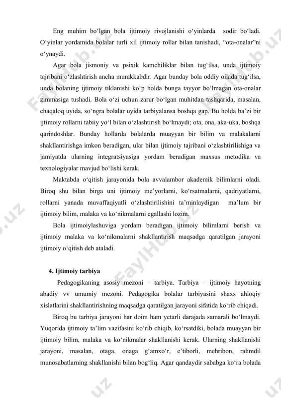 hini beradi va aniq pedagogik vazifalarni hal etish uchun asos bo‘lib xizmat qiladi. biroq shu fan rivojlanishining har bir davri uchun pedagogika prinsiplari haqidagi masala munozaralidir. zamonaviy davr ham bundan mustasno emas. har xil olimlar u yoki bu prinsiplarni olg‘a suradi yoki yangidan ma’lumlarni izohlaydi. bu borada ijtimoiy pedagogikada yanada ko‘p qiyinchiliklar yuzaga kelmoqda, ammo uning dunyoviy balog‘at yoshiga (100 yildan ortiq) qaramay o‘zbekistonda bu fan endi o‘zining birinchi qadamlarini qo‘ymoqda. biz uchta prinsipni ko‘rib chiqamiz – tarbiyaning tabiatga uyg‘un bo‘lishi to‘g‘risidagi prinsip, tarbiyaning madaniy uyg‘un bo‘lishi prinsipi va gumanizm prinsipi. shu prinsiplardan har biri ijtimoiy pedagogikada o‘zining talqiniga va o‘ziga xos xususiyatiga ega. 5. a) tarbiyaning tabiatga uyg‘un bo‘lishi prinsipi tarbiyaning tabiatga uyg‘un bo‘lishi – ijtimoiy pedagogika prinsipi, shunga ko‘ra ijtimoiy pedagog o‘z amaliy faoliyatida bolaning tabiiy holda rivojlanishi omillariga tayanadi. tarbiyaning tabiatga uyg‘un bo‘lishi prinsipi ilk bor buyuk slavyan pedagogi yan amos komenskiy (1592-1670) bilan uning “buyuk didaktika” …
