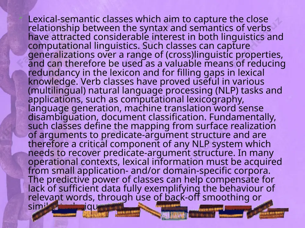 tions. we adopted a different, faster approach. this involved 1. composing a set of diathesis alternations for verbs not covered comprehensively by levin, 2. selecting a set of candidate lexical-semantic classes for these verbs from linguistic resources, 3. examining whether (sub)sets of verbs in each candidate class could be related to each other via alternations and thus warrant creation of a new class. candidate lexical-semantic classes starting off from set of candidate classes accelerated the work considerably as it enabled building on extant linguistic research. although a number of studies are available on verb classes not covered by levin, many of these assume a classiﬁcation system completely different to that of levin’s, and/or incorporate sense distinctions too ﬁne-grained for easy integrations with levin’s classiﬁcation. we therefore restricted our scope to a few classiﬁcations of a suitable style and granularity: rudanko’s classiﬁcation rudanko provides a semantically motivated classiﬁcation for verbs taking …