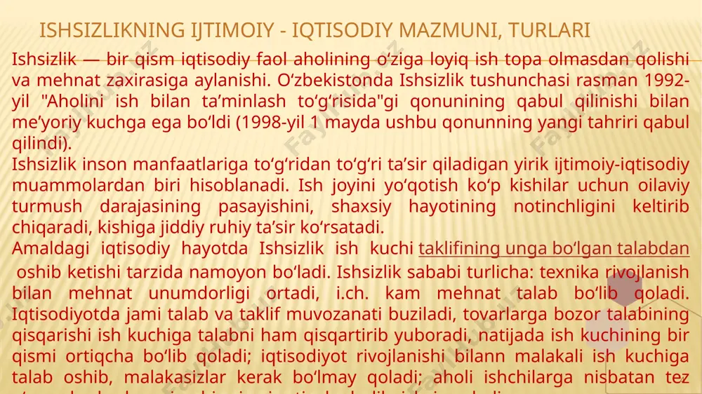 talabning sustligi va ta`limning yetishmovchiligidir. ishsizlik juda past bo`lgan mamlakatlar qatar 0,1% belarus 0,2% kambodja 0,31% niger 0,7% burundi0,8% laos 1% farer orollari 1,3% myanma 1,79% madagaskar 1,9% lixtenshteyn 1,9% 9 korib turganingzidek qatar birinch io`rinda. bunda davlat bu ko`rsatgichga nefti va tabiy gazni eksport qilish orqali erishgan. qora oltin va gaz sotish orqali yangi ish joylarini yaratgan. kambodjada bo`lsa turizm va yengil sanoatga qaratganligi sababli davlat shu natijaga keladi. aqsh 3,9% xitoy 5% yaponiya 2,8% germaniya 5,2% hindiston 6,9% iqtisodiyoti katta bo`lgan davlatlarda ishsizlik 10 rossiya 4-6% ukraina 9-10% buyuk britaniya 4,2% fransiya 8,2% italiya 9,2% iqtisodiyoti katta bo`lgan davlatlarda ishsizlik 11 o`zbekistonda ishsizlik darajasi statistikaga ko`ra o`zbekistonda 2022-yilning 1-yanvar holatida ishsizlik darajasi 9,6% tashkil etgan. bu ko`rsatkich o`tgan yilnig shu sanasiga ko`ra 0,9%ga qisqargan. 2021-yilning dekabr oyida mehnat bozori taqiqotlari tomonidan mamlakatimiznig 108- ta shaxar va tumanlarida ijtimoiy so`rovnoma o`tkazilgan. tadqiqotda 500 ta o`zini boshqarish o`rgnlari, 5000 ta …