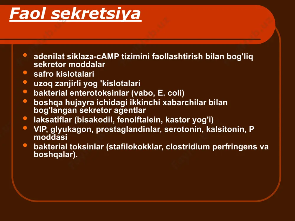 ko'pikli salmonella uchburchagi eksikozning belgilari. ko'pincha its koprogrammada leykotsitlar yoki eritrotsitlar mavjud emas sigmoidoskopiya paytida o'zgarishlar yo'q qon, najas, siydik madaniyatlari pti epidemiologik tarix kasallikning ommaviy tabiati qisqa inkubatsiya (30 daqiqadan boshlab) tez qisqa muddatli yaxshi kurs gastritning ustunligi koprogrammada leykotsitlar yoki eritrotsitlar mavjud emas sigmoidoskopiya paytida o'zgarishlar yo'q virusli diareya past darajadagi isitma yuqori nafas yo'llarining qatar kamdan-kam hollarda suvsizlanish qulay kurs og'ir holatlarda - markaziy asab tizimining shikastlanishi, teri toshmasi epidemiologik tarixda - bemorlar bilan aloqalar koprogrammada leykotsitlar yoki eritrotsitlar mavjud emas sigmoidoskopiya paytida o'zgarishlar yo'q vabo oddiy harorat oshqozon og'rig'i yo'q avval diareya, keyin qusish og'ir ekizoz ( iii - iv daraja) koprogrammada leykotsitlar yoki eritrotsitlar mavjud emas sigmoidoskopiya paytida o'zgarishlar yo'q botulizm epidemiologik tarix (konservalarni iste'mol qilish, uyda pishirilgan dudlangan go'sht) haroratning o'rtacha ko'tarilishi o'rtacha gastroenterit kasallikning 1-2-kuni bulbar, oftalmoplegik, miyastenik sindromlarning paydo bo'lishi. giardiaz o'rtacha intoksikatsiya o'rtacha enterit uzoq muddat. takroriy tabiat oilaviy hodisa oshqozon-ichak …