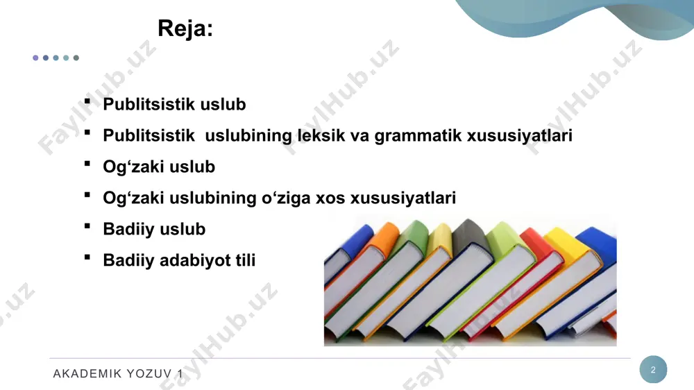 han notiqlik, mantiqiy salobat, tashviqot va targ‘ibot kabi xususiyatlar mavjud bo‘ladi. publitsistik uslub akademik yozuv 1 7 og‘zaki nutq o‘zaro muomala tilidir, undan o‘zaro suhbatlarda, ma’ruzalarda, radioda, telefonda, uy va oila muomalasida foydalaniladi. har ikki nutq shakli oldiga bir xil talablar qo‘yiladi. og‘zaki uslub akademik yozuv 1 8 og‘zaki uslub nafaqat og‘zaki (uning janrlari — suhbat, hikoya, iltifot, nizo), balki yozma ravishda (uning janrlari — yozishma, forum, esemes-xabarlar, bloglar, shaxsiy xatlar) ham taqdim etilishi mumkin. og‘zaki uslub akademik yozuv 1 9 so‘zlashuv uslubining yana bir o‘ziga xos xususiyati erkinligidir. jumlalar qisqa va ta’sirli bo‘lib, ko‘pincha so‘z–gaplar, to‘liqsiz gaplar, maqol va matallar hamda iboralardan keng foydalaniladi. umumxalq tili ma’lum bir xalqning so‘zlashuv tilidir. adabiy til esa ma’lum bir til qoidalari asosida tuzilgan, ishlangan sayqal berilgan tildir. umumxalq tili kengroq hajmda bo‘lib, u sheva va lahjalar, kasb-hunarga oid so‘zlar, atamalar, jargonlar, ma’lum toifa (biror ijtimoiy guruh) ga oid so‘zlarni ham o‘z ichiga …
