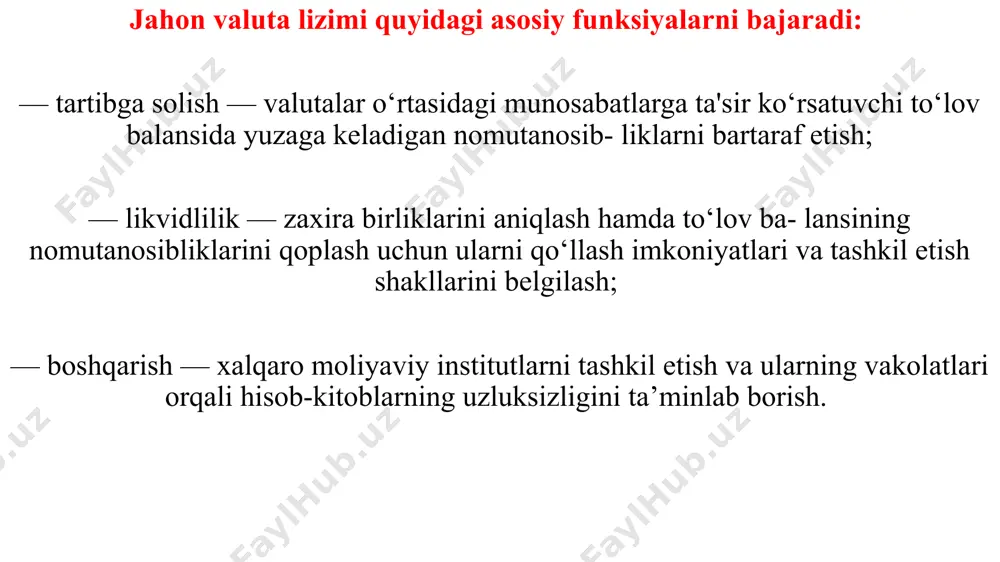ndan tashqarida valutalarning oltinga erkin almashinuvi ta’minlandi. davlat paritet qiymatiga ko‘ra oltinni sotish va sotib olish majburiyatini oldi; — oltin umumjahon puli sifatida tan olindi; — oltinning erkin tarzda eksport va importi yo‘lga qo‘yildi; — pulga bo‘lgan ichki talab va milliy oltin zaxirasi o‘rtasidagi muvofiqlik saqlab turildi. birinchi jahon valuta tizimi xix asrda oltin monometallizmi asosida, oltin tanga andozasi shaklida shakllangan. parij valuta tizimida oltin yagona jahon puli sifatida qabul qilingan. mazkur valuta tizimi, rasmiy ravishda 1867-yilda parij konferensiyasida tan olindi va amal qila boshladi. oltin andozasi talabiga asosan banklar milliy valuta birligiga oltin asosini berib, milliy valutani oltinga sotish va sotib olish majburiyatini olganlar. oltin tanga andozasiga tegishli xususiyatlar quyidagilardan iborat edi: tovarlar narxining oltinda hisoblanishi oltin tangalarning erkin muomalada bo‘lishi va davlat zarbxonalari tomonidan cheklanmagan tarzda tangalarni zarb etilishi nominalga ko‘ra kredit pullarining oltin tangalarga erkin almashinuvi oltinni olib kirish va olib chiqishda cheklovlar o‘rnatilmaganligi, ichki bozorlarda qog‘oz …