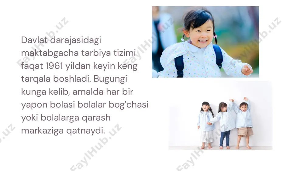 asi kuniga 4 soatdan koʼproq ishlaydigan bolalar qabul qilinadi. kun bunday bogʼchalarda ertalab soat 8 dan boshlanib, bolani kechki soat beshgacha hoxlagan vaqtda olib ketish mumkin. qoʼshimcha toʼlov evaziga bolaga kechki soat 7-gacha qarab turish mumkin. ikkinchi koʼrinishdagi bogʼchalar, bu bolalarni yarim kunga qabul qiladigan bogʼchalar. bolalar bogʼchalaridagi mashgʼulotlar. bolalar bogʼchalaridagi mashgʼulotlar. bolalar bogʼchalarida taʼlim dasturlari ham inobatga olingan, yozish va oʼqishdan tashqari bolalarga qoʼshiq aytish oʼrgatiladi, sport musobaqalari oʼtkazilib, muntazam sayrlarga (poxodga)chiqib turiladi. ammo bular bilan bir qatorda bu tadbirlarni oʼtkazilishidan maqsad – bolada xamjihatlik, jamoada yashash hislarini rivojlantirishdan iborat. qoʼshiq aytilsa, xor (jamoada) aytilishi kerak, yakkaxon qoʼshiqchi qoʼllanilmaydi, musobaqa oʼtkazilayotganda yoki hamma yoki guruh gʼoliblikka erishiladi, va mutlaqo yakka gʼolib emas. jamoa bilan muntazam ravishda bir kunlik sayrga chiqishdan maqsad bolani chidamlikka oʼrgatish va oʼzi atrofidagi hududni oʼrganish. xulosa tariqasida aytish joizki xorijiy mamlakatlarning maktabgacha taʼlim tizimlarini oʼrganish, ularning ilgʼor tajribasini tahlil etish va respublikamiz sharoitiga moslashtirish boʼyicha …
