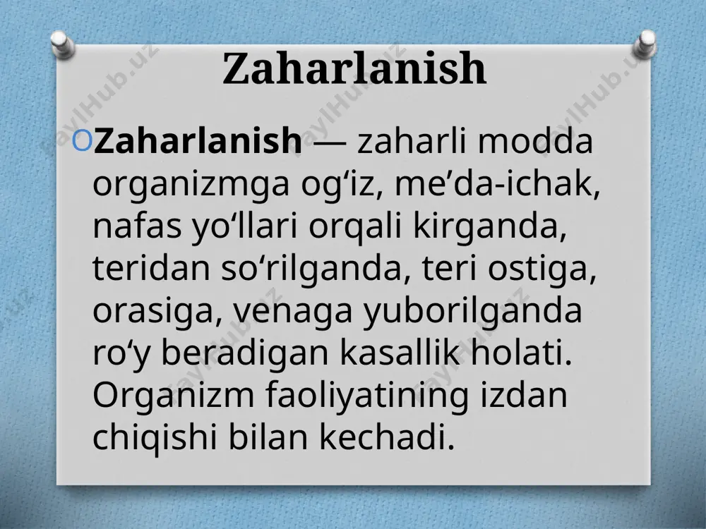 . shuning uchun ham kasallikka o’rov kasalligi yoki «kashin-bek» deb nom berilgan. bu kasallikkda suyakning o’sishi susayadi natijada oyoq va qo’l suyaklarining qisqarishiga olib keladi. o’rov kasalligi mahalliy don o’simliklarining fuzarium sporotrixella turkumidagi toksik zamburug’lardan zaralanish tufayli kelib chiqadi. ikkinchi nazoratga ko’ra o’rov kasalligi tuproqda suv xavzalarida oziq-ovqat mahsulotlarida ichimlik suvida kalsiy darajasi past bo’lgan holda stronsiy miqdori ortiqcha bo’lganda stronsidraxiti toksikozi sifatida avj oladi. mikotoksikozlar ovqat mikotoksikozlari asosan surunkali kasallik bo’lib organizmga ovqat mahsulotida don va don mahsulotlarida ko’paygan mikroskopik zamburug’larning hayot faoliyati mahsulotlarni to’kishi natijasida paydo bo’ladi. mikrotoksikozlarga aflotoksikozlar, alimenter toksik aleykiya (septik angina), ‖achigan non‖ dan zaharlanish va ergotizm kiradi. alimentar toksik aleykiya (septik angina) ovqatda qor tagida qolib qishlab qolib ketgan donni iste‘mol qilish natijasida paydo bo’ladi. erta bahordan qorlar erigandan oftob nuri ta‘sirida dalalardagi donda nam va issiq muxit hosil bo’lib bu fuzarium sporotichiellavarlar turkumidagi zamburug’ning ko’payishiga imkon beradi. kasallikning tarqalishi bahor faslining oxirida yozning …
