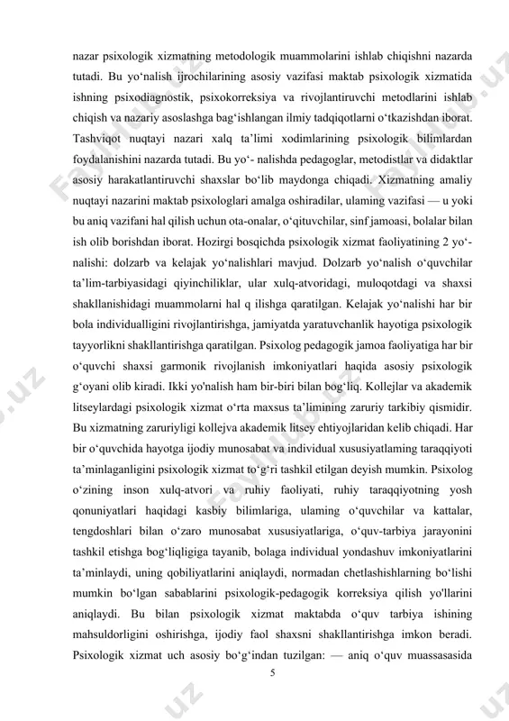 iyinchiliklar, ular xulq-atvoridagi, muloqotdagi va shaxsi shakllanishidagi muammolarni hal q ilishga qaratilgan. kelajak yo‘nalishi har bir bola individualligini rivojlantirishga, jamiyatda yaratuvchanlik hayotiga psixologik tayyorlikni shakllantirishga qaratilgan. psixolog pedagogik jamoa faoliyatiga har bir o‘quvchi shaxsi garmonik rivojlanish imkoniyatlari haqida asosiy psixologik g‘oyani olib kiradi. ikki yo'nalish ham bir-biri bilan bog‘liq. kollejlar va akademik litseylardagi psixologik xizmat o‘rta maxsus ta’limining zaruriy tarkibiy qismidir. bu xizmatning zaruriyligi kollejva akademik litsey ehtiyojlaridan kelib chiqadi. har bir o‘quvchida hayotga ijodiy munosabat va individual xususiyatlaming taraqqiyoti ta’minlaganligini psixologik xizmat to‘g‘ri tashkil etilgan deyish mumkin. psixolog o‘zining inson xulq-atvori va ruhiy faoliyati, ruhiy taraqqiyotning yosh qonuniyatlari haqidagi kasbiy bilimlariga, ulaming o‘quvchilar va kattalar, tengdoshlari bilan o‘zaro munosabat xususiyatlariga, o‘quv-tarbiya jarayonini tashkil etishga bog‘liqligiga tayanib, bolaga individual yondashuv imkoniyatlarini ta’minlaydi, uning qobiliyatlarini aniqlaydi, normadan chetlashishlarning bo‘lishi mumkin bo‘lgan sabablarini psixologik-pedagogik korreksiya qilish yo'llarini aniqlaydi. bu bilan psixologik xizmat maktabda o‘quv tarbiya ishining mahsuldorligini oshirishga, ijodiy faol shaxsni shakllantirishga …
